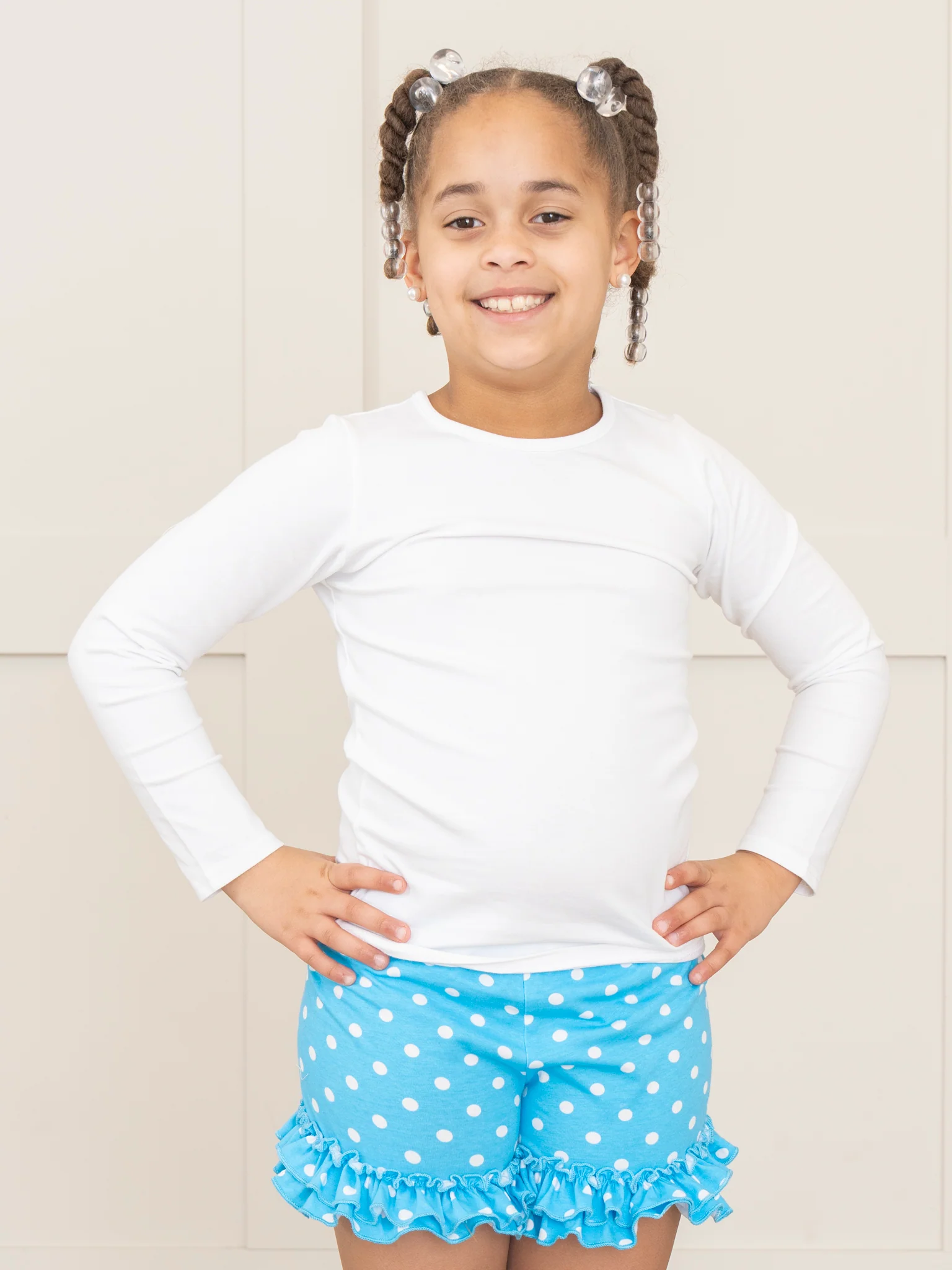 Cotton Ruffle Hem Shorts - Blue Polka Dots - Image 4