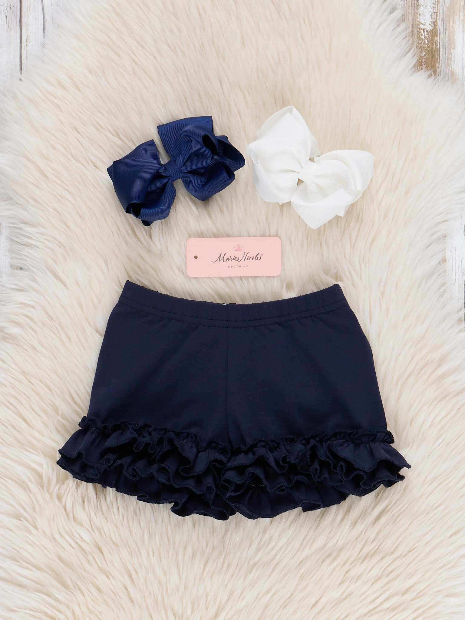 Cotton Ruffle Hem Shorts - Navy - Image 3