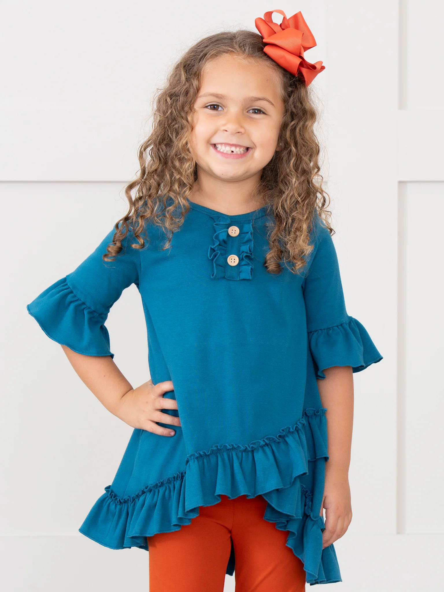 Cotton Ruffle Hi-Low Tunic Top - Steel Blue - Image 3