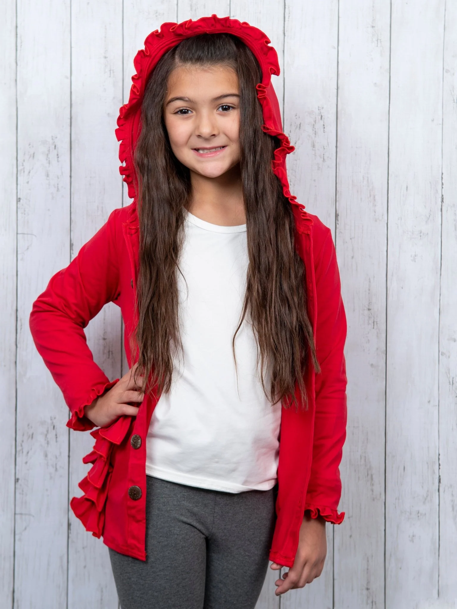 Cotton Ruffle Hooded Cardigan- Black & Red - Image 4