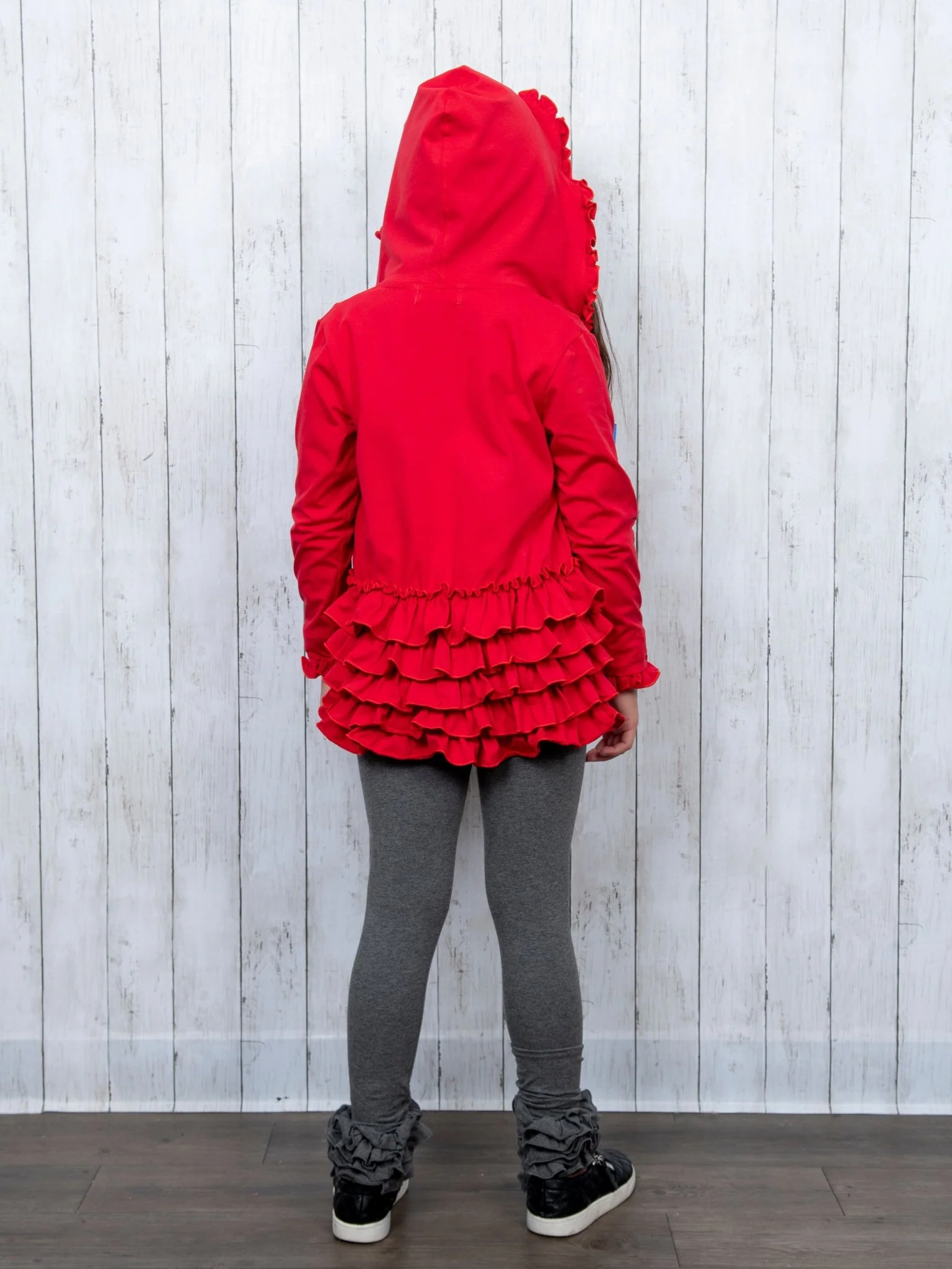 Cotton Ruffle Hooded Cardigan- Black & Red - Image 5
