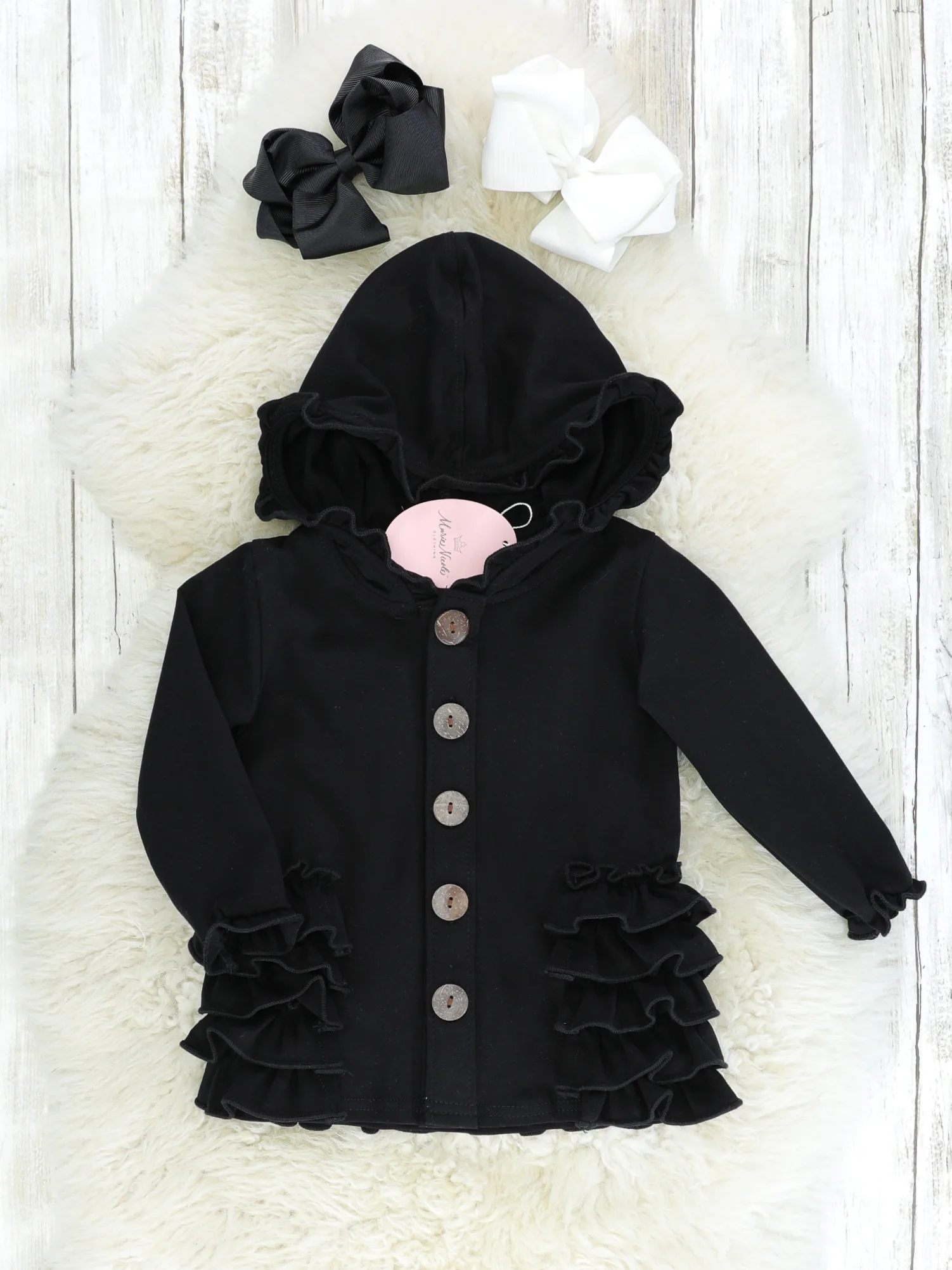 Cotton Ruffle Hooded Cardigan- Black & Red - Image 6