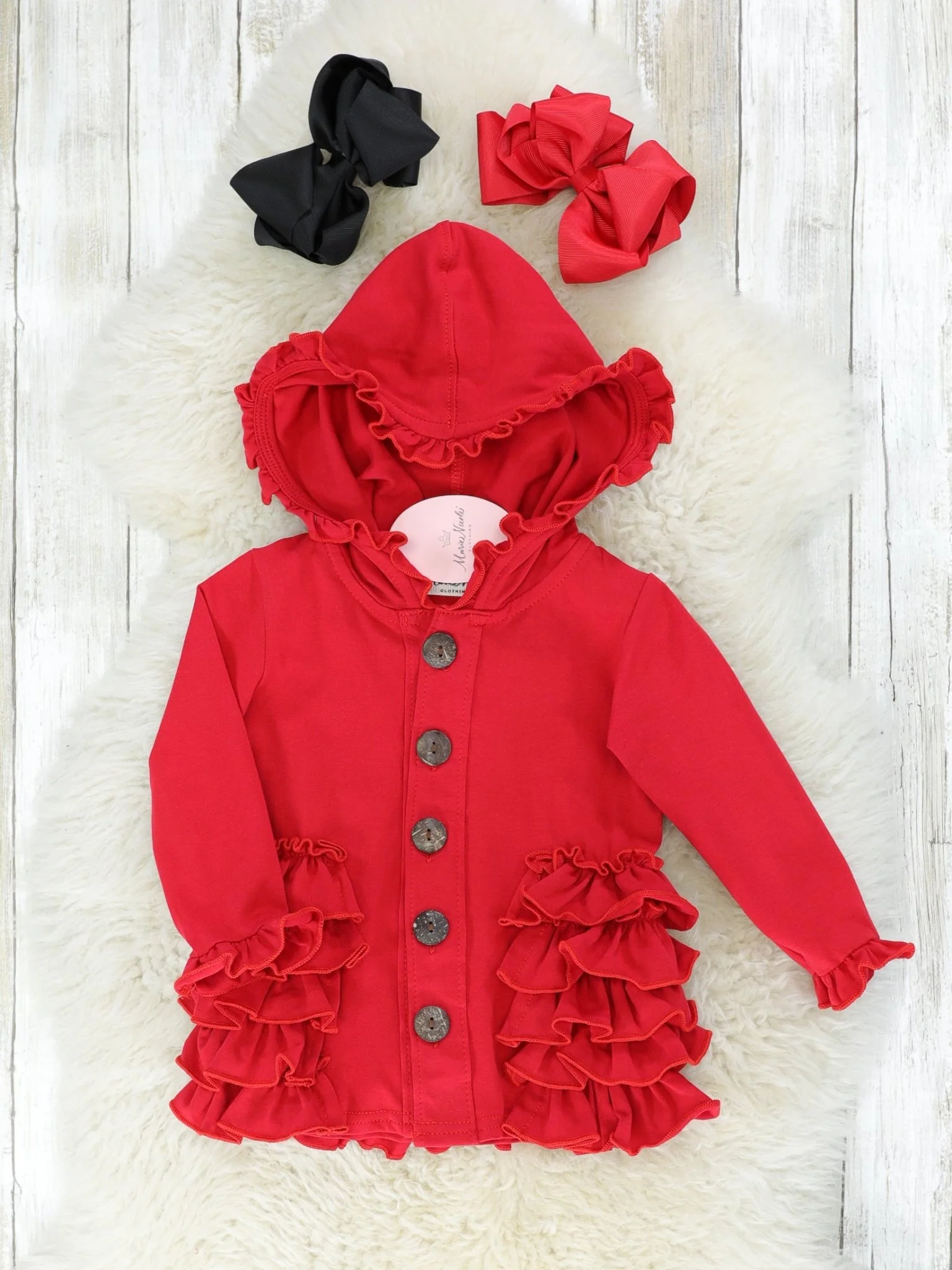 Cotton Ruffle Hooded Cardigan- Black & Red - Image 7