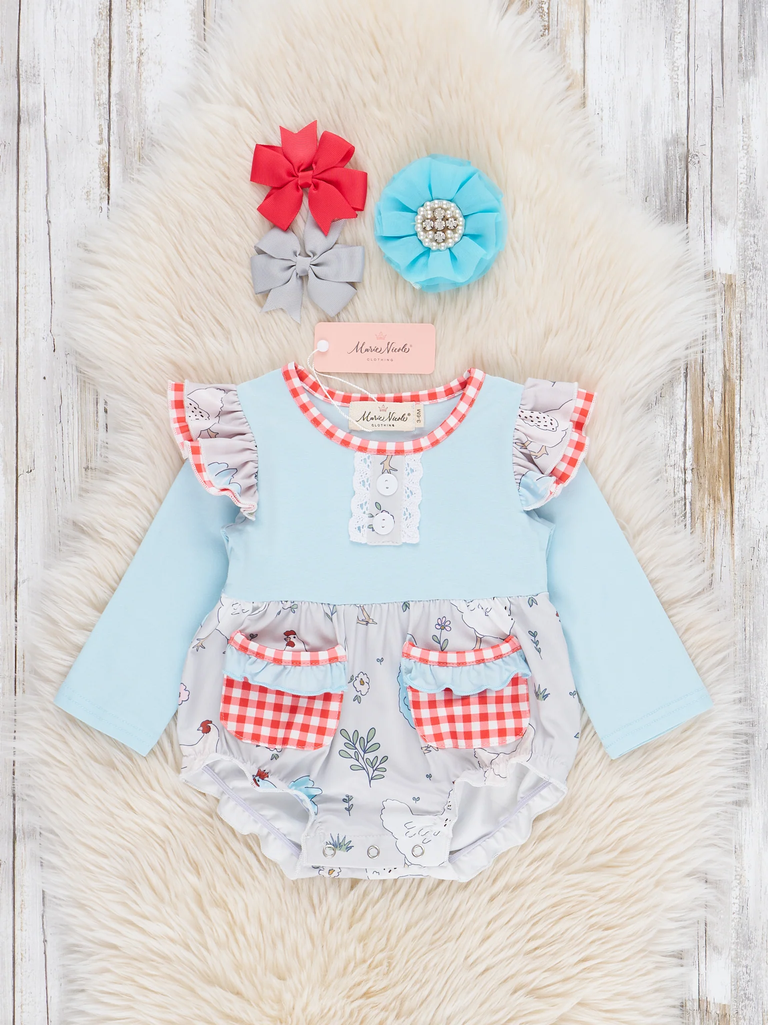 Country Charm Chicken Pocket Ruffle Bubble Romper