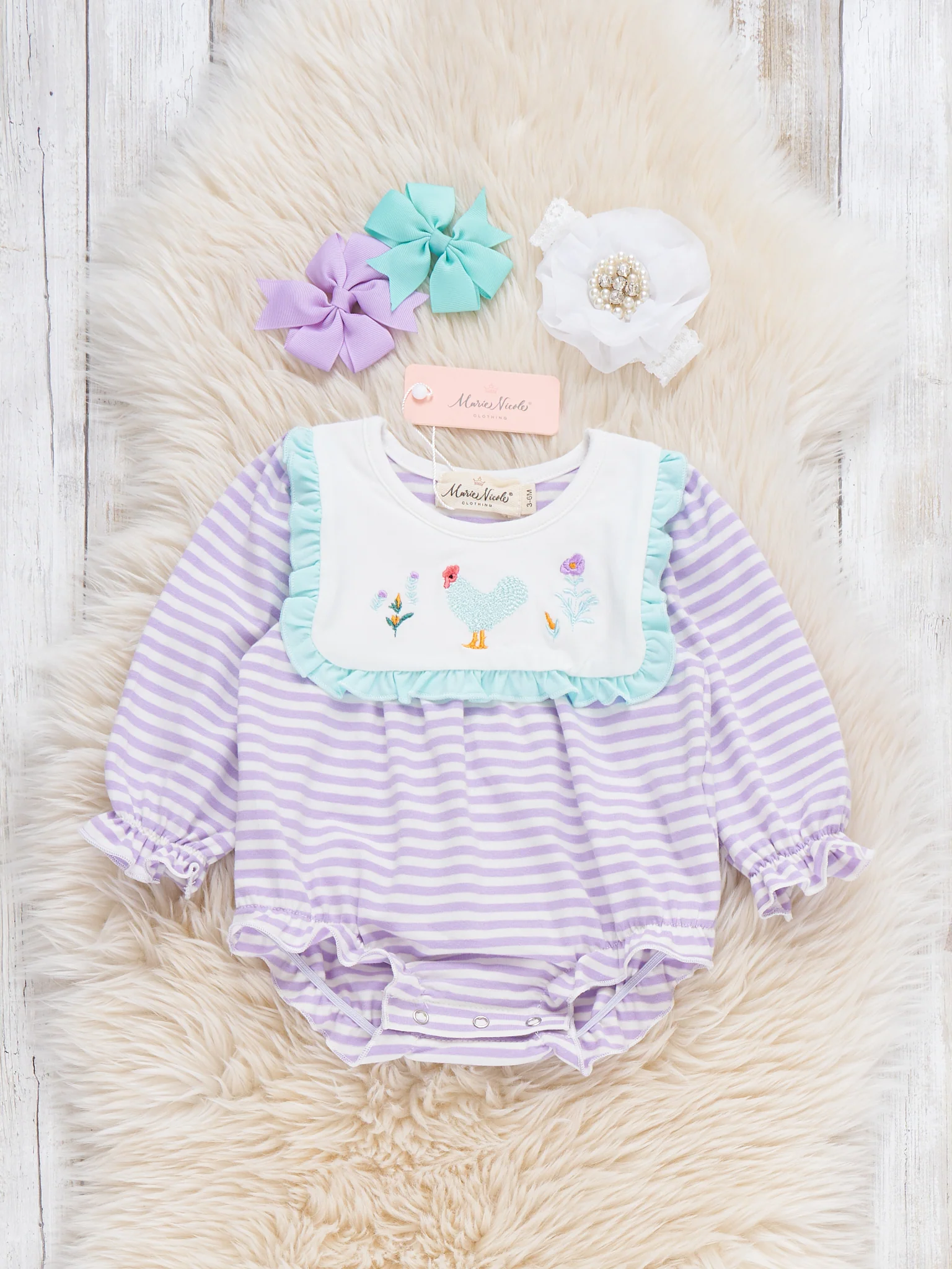 Country Chicken Striped Embroidered Bubble Romper
