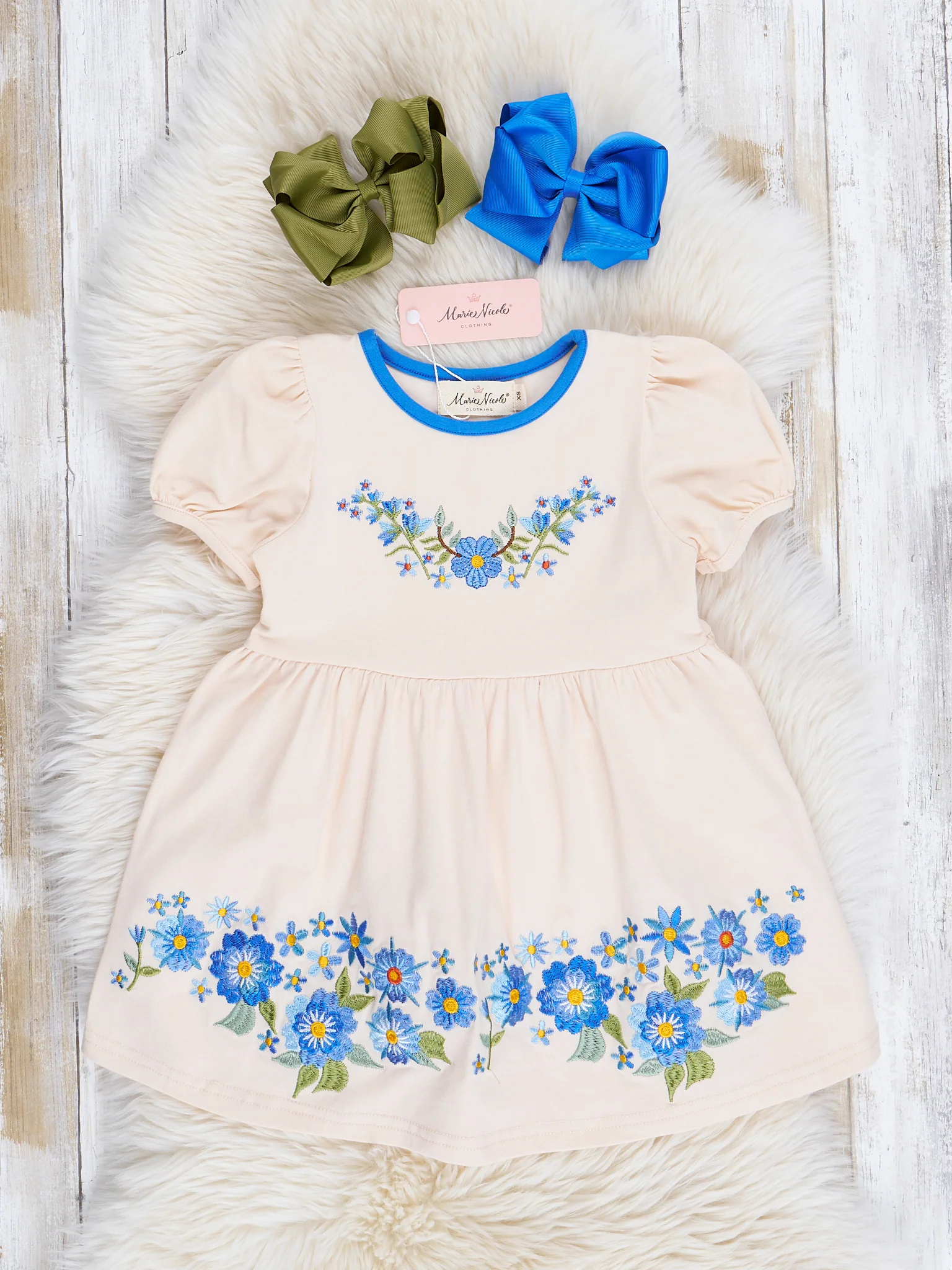 Cream & Blue Embroidered Garden Dress - Image 2