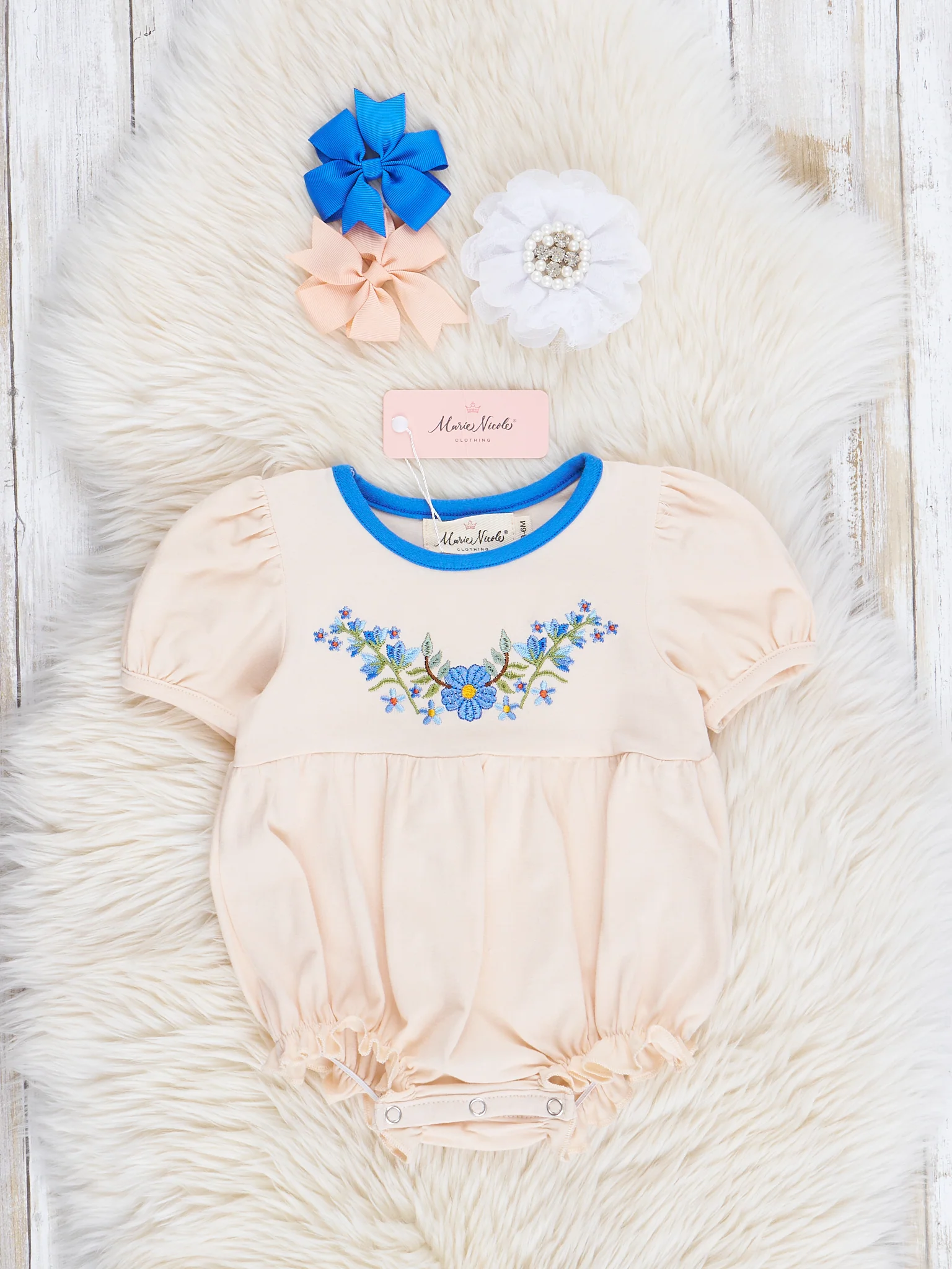 Cream & Blue Embroidered Garden Ruffle Bubble Romper