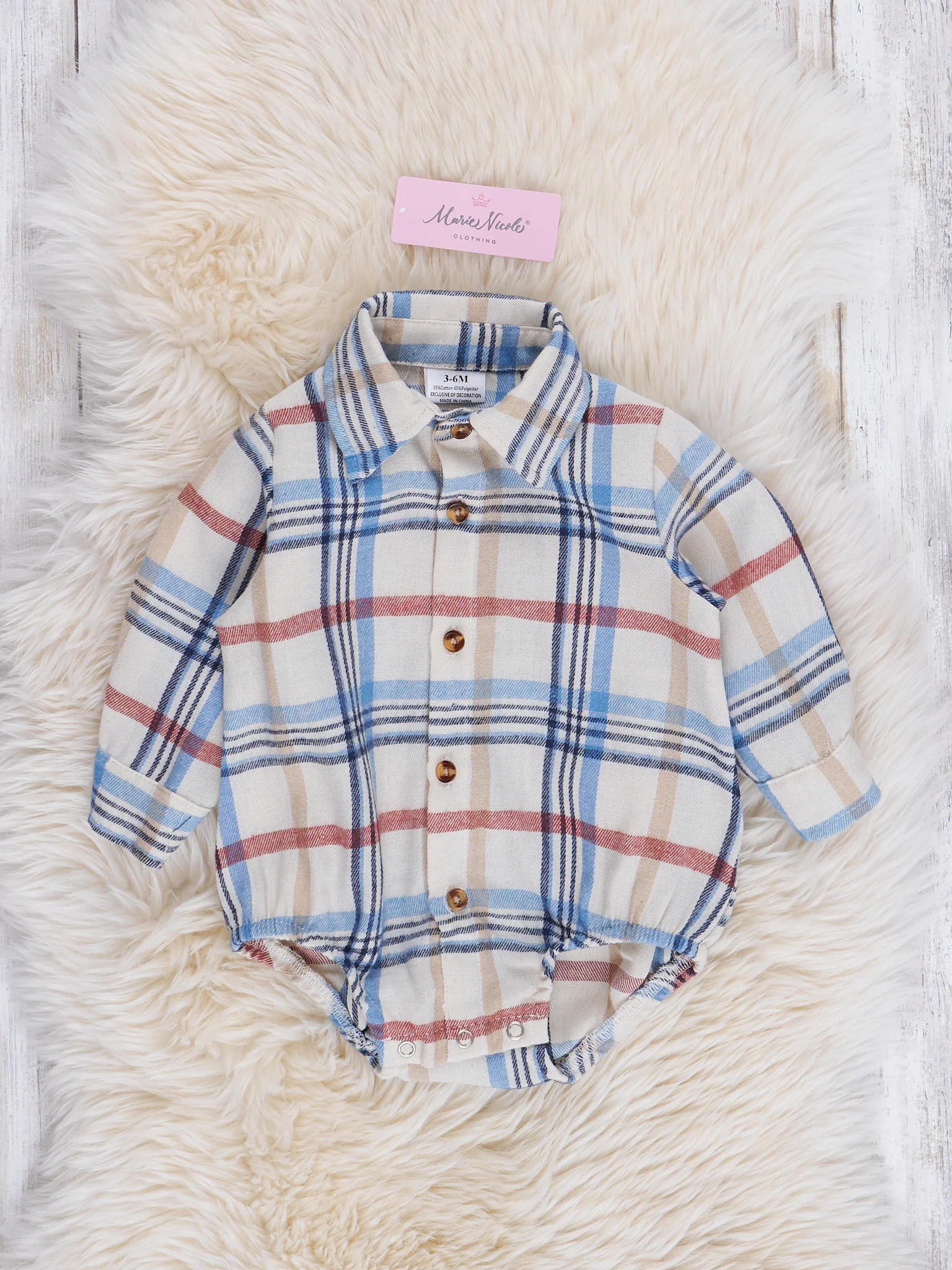 Cream & Blue Plaid Flannel Button-Up Bubble Romper