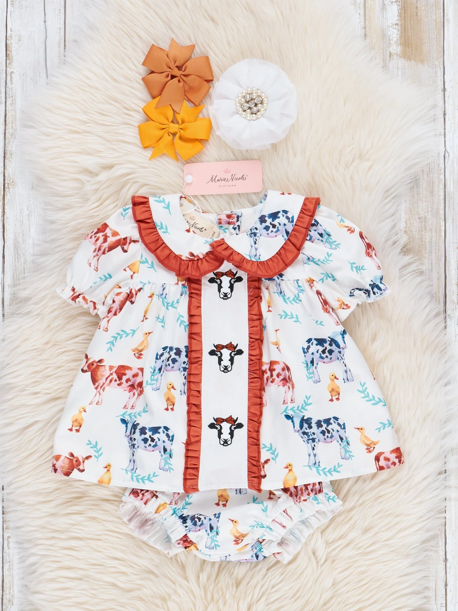 Cream & Bronze Embroidered Cow Ruffle Bloomer Outfit