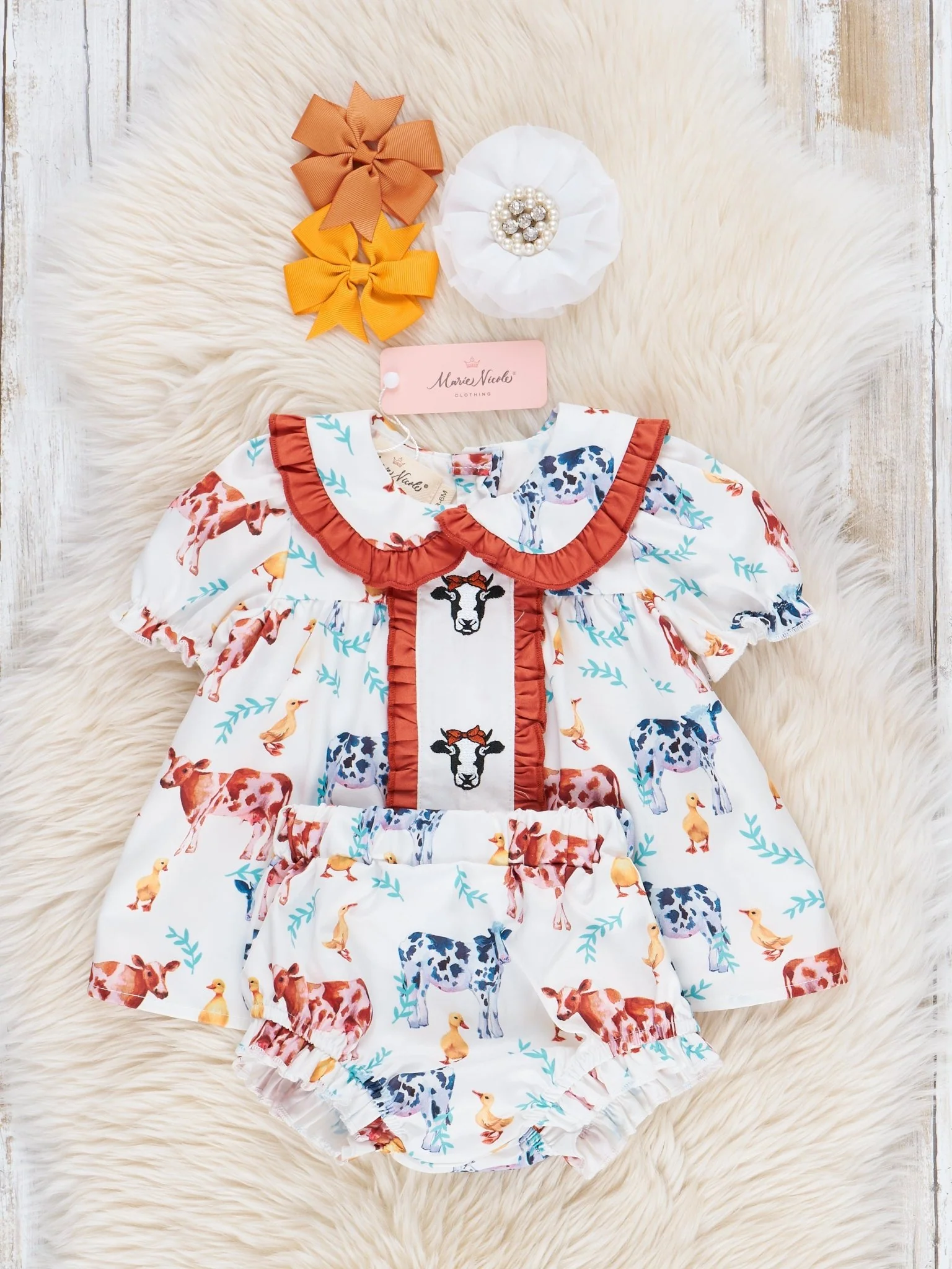 Cream & Bronze Embroidered Cow Ruffle Bloomer Outfit - Image 2