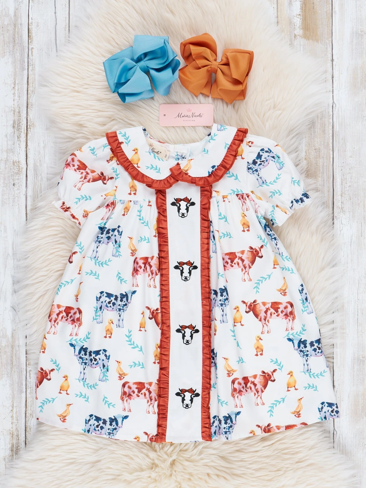 Cream & Bronze Embroidered Cow Ruffle Dress - Image 2