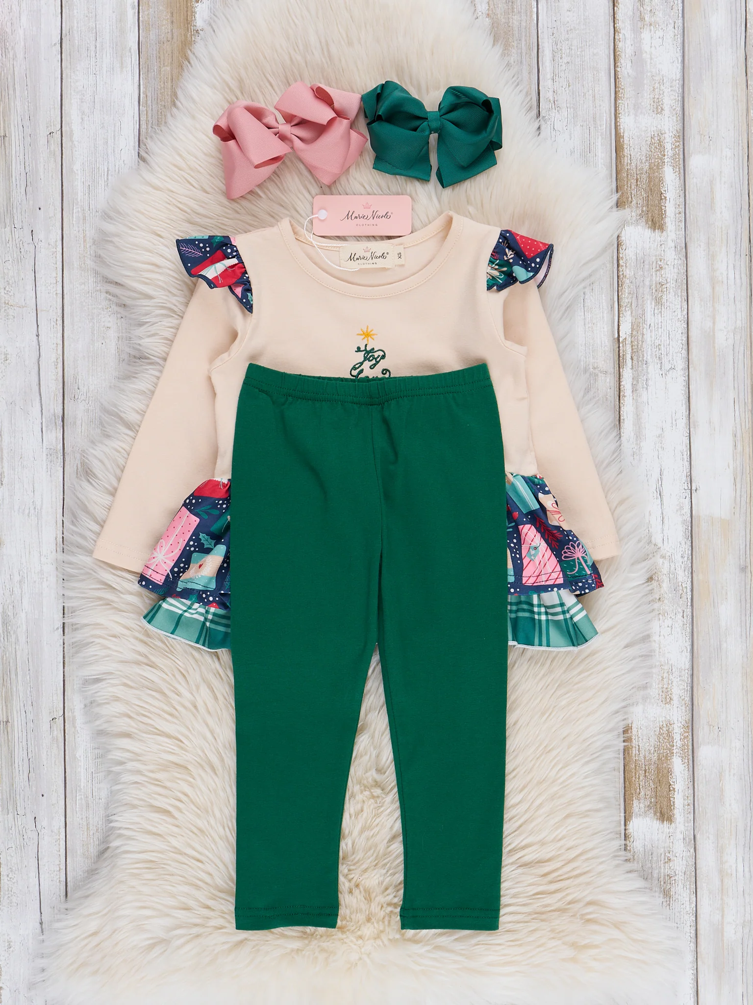 Cream & Evergreen Christmas Ruffle Outfit - Image 2