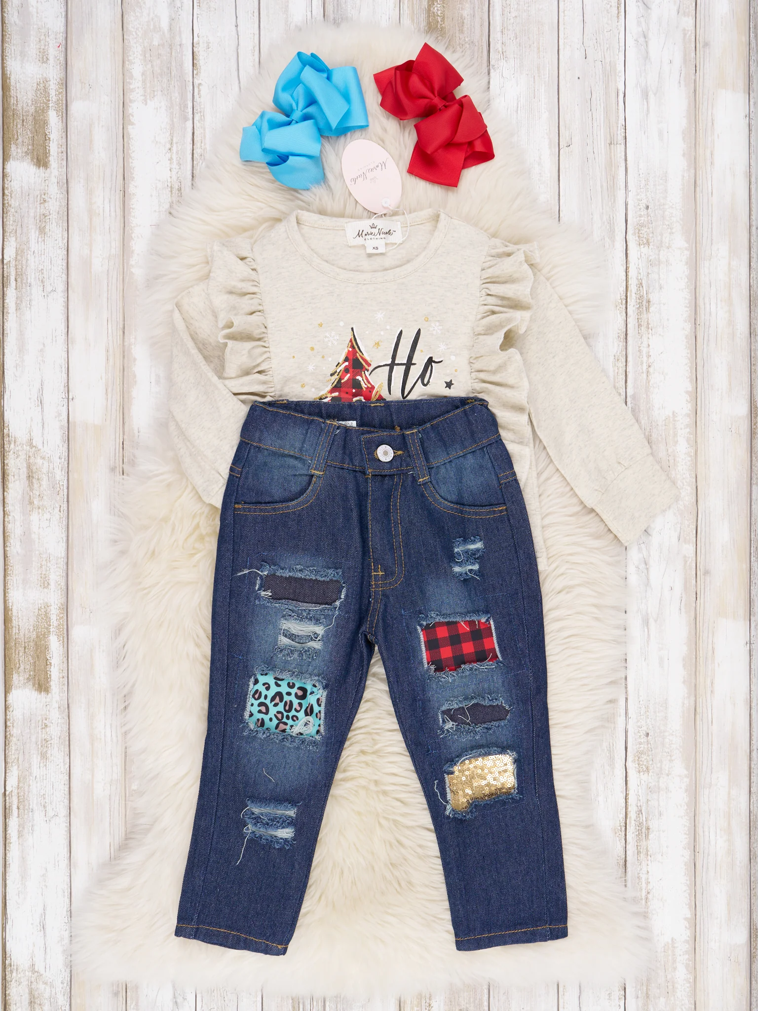 Cream Ho Ho Ho Distressed Denim Outfit - Image 2