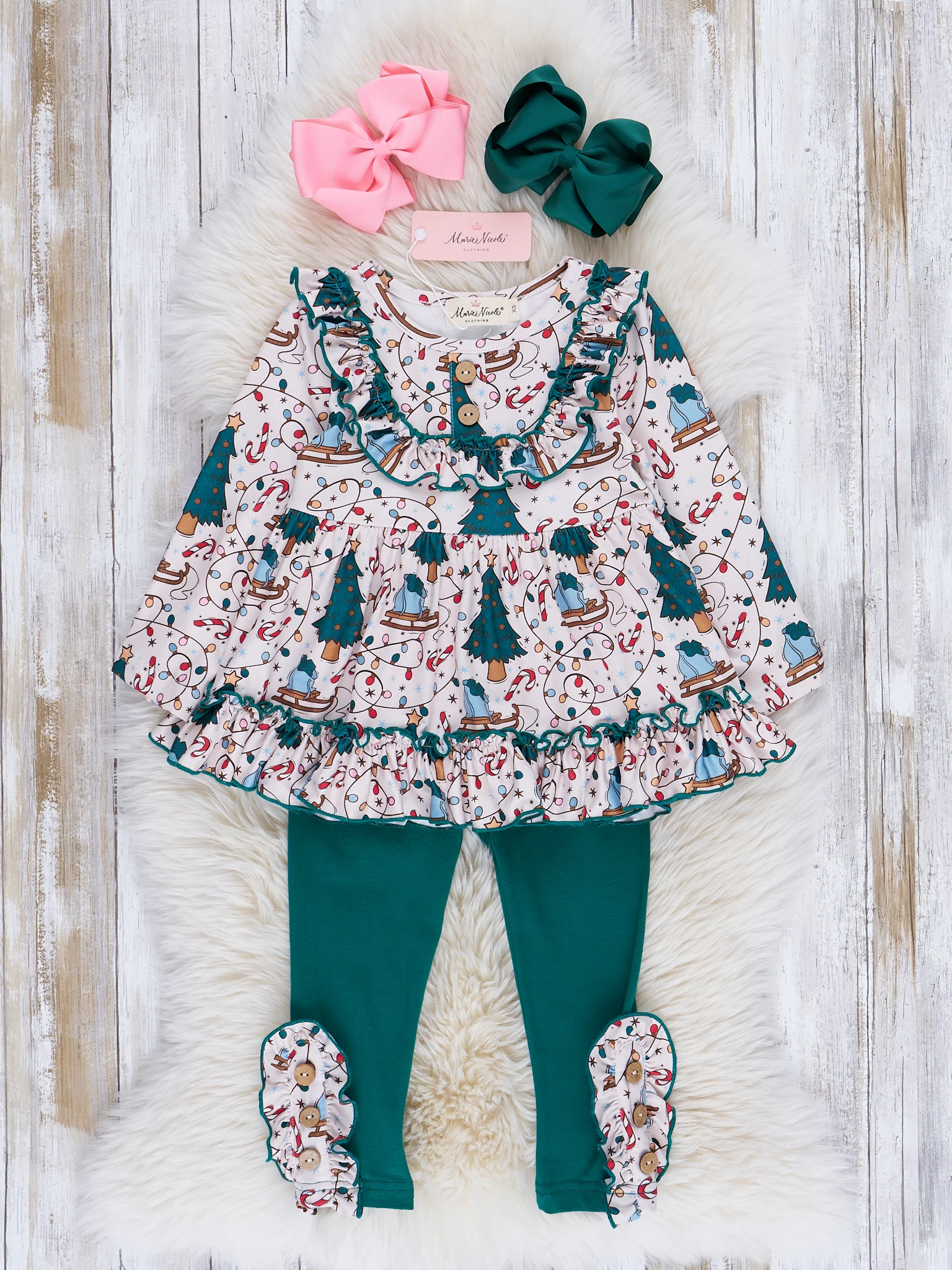 Cream & Hunter Green Christmas Ruffle Outfit