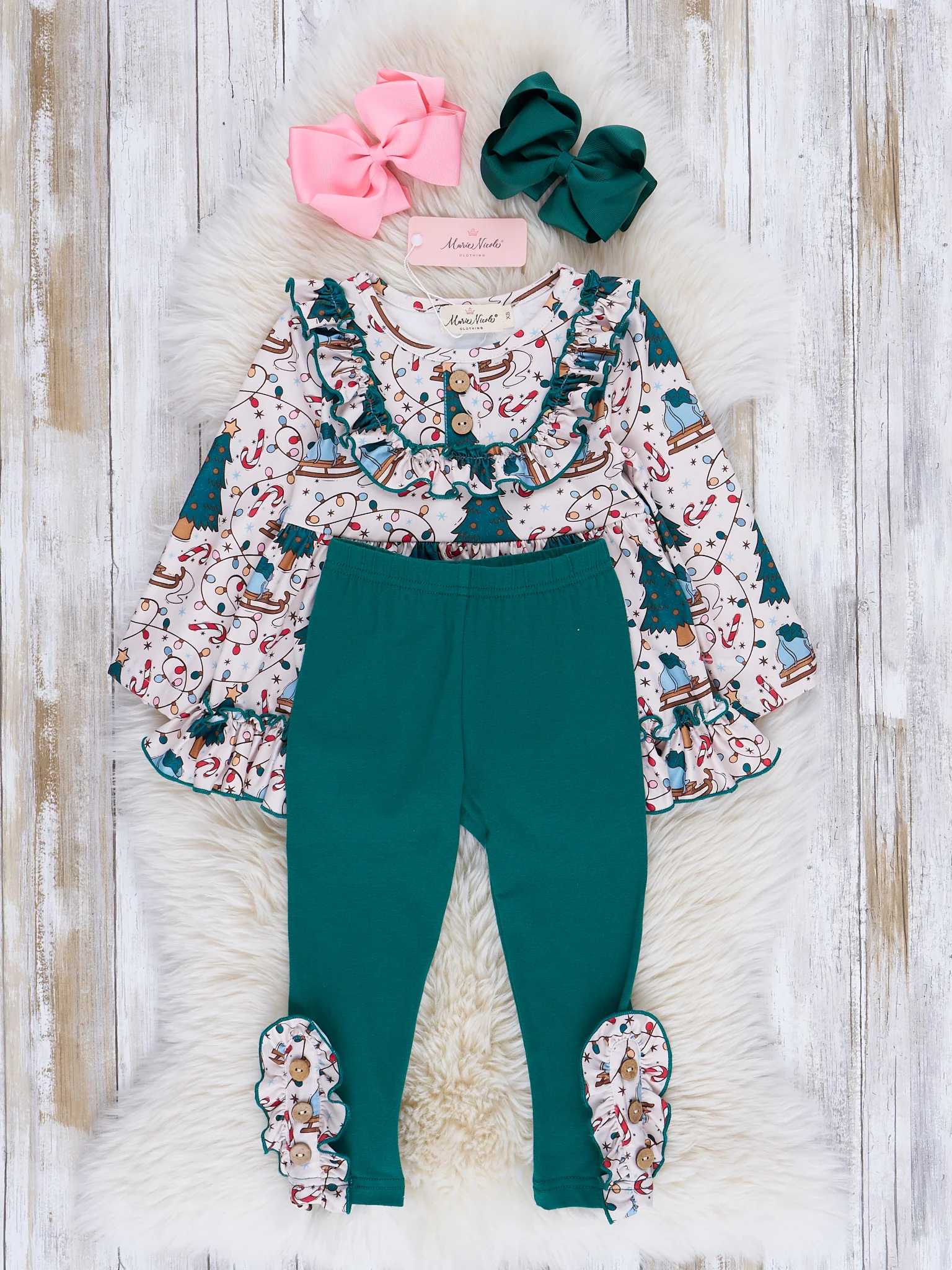 Cream & Hunter Green Christmas Ruffle Outfit - Image 2