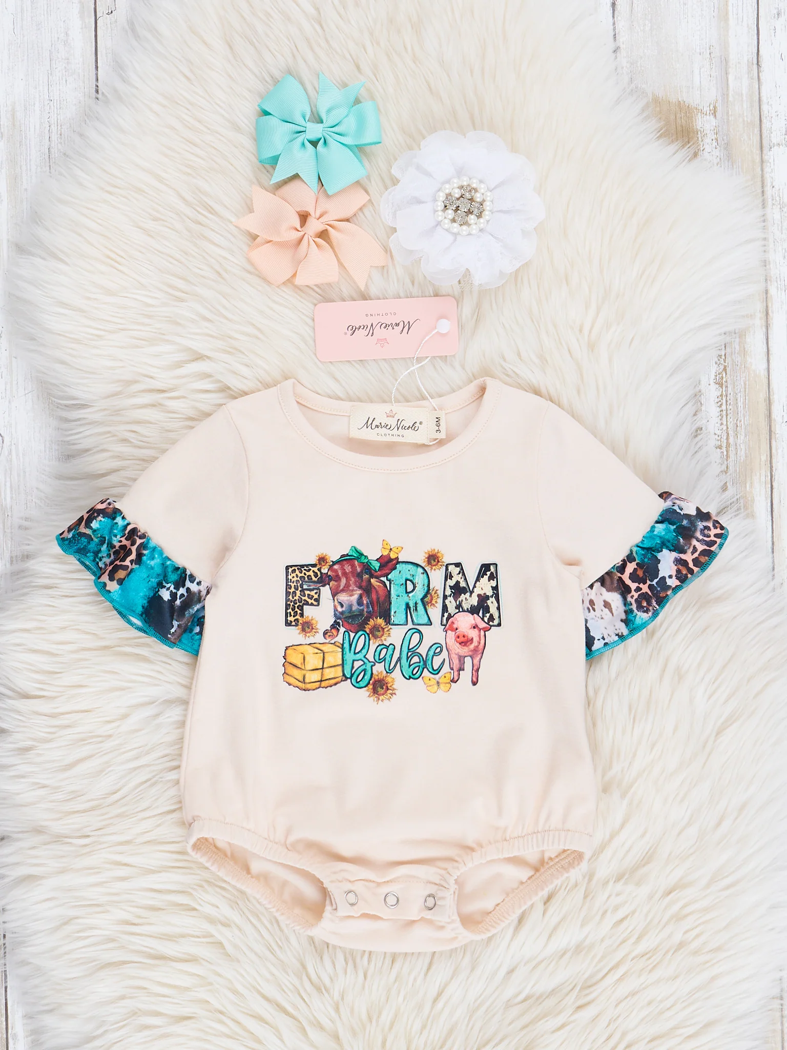 Cream & Leopard Farm Babe Ruffle Bubble Romper