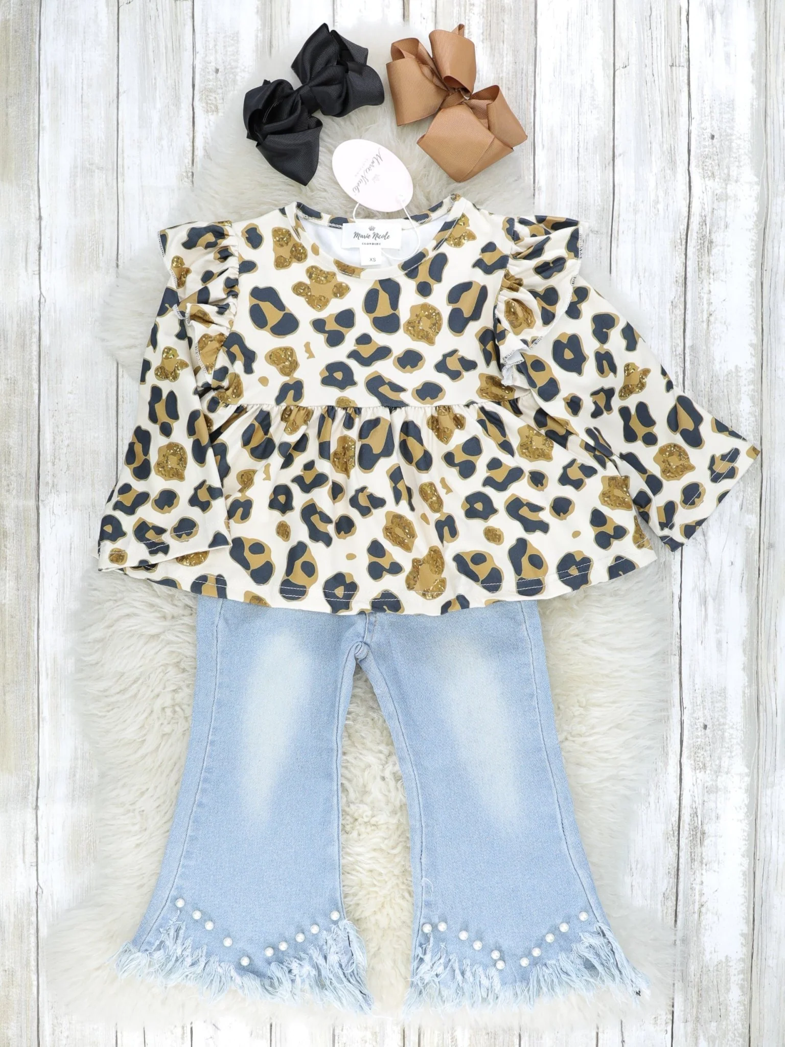 Cream Leopard Ruffle Top & Denim Bell Bottoms Outfit