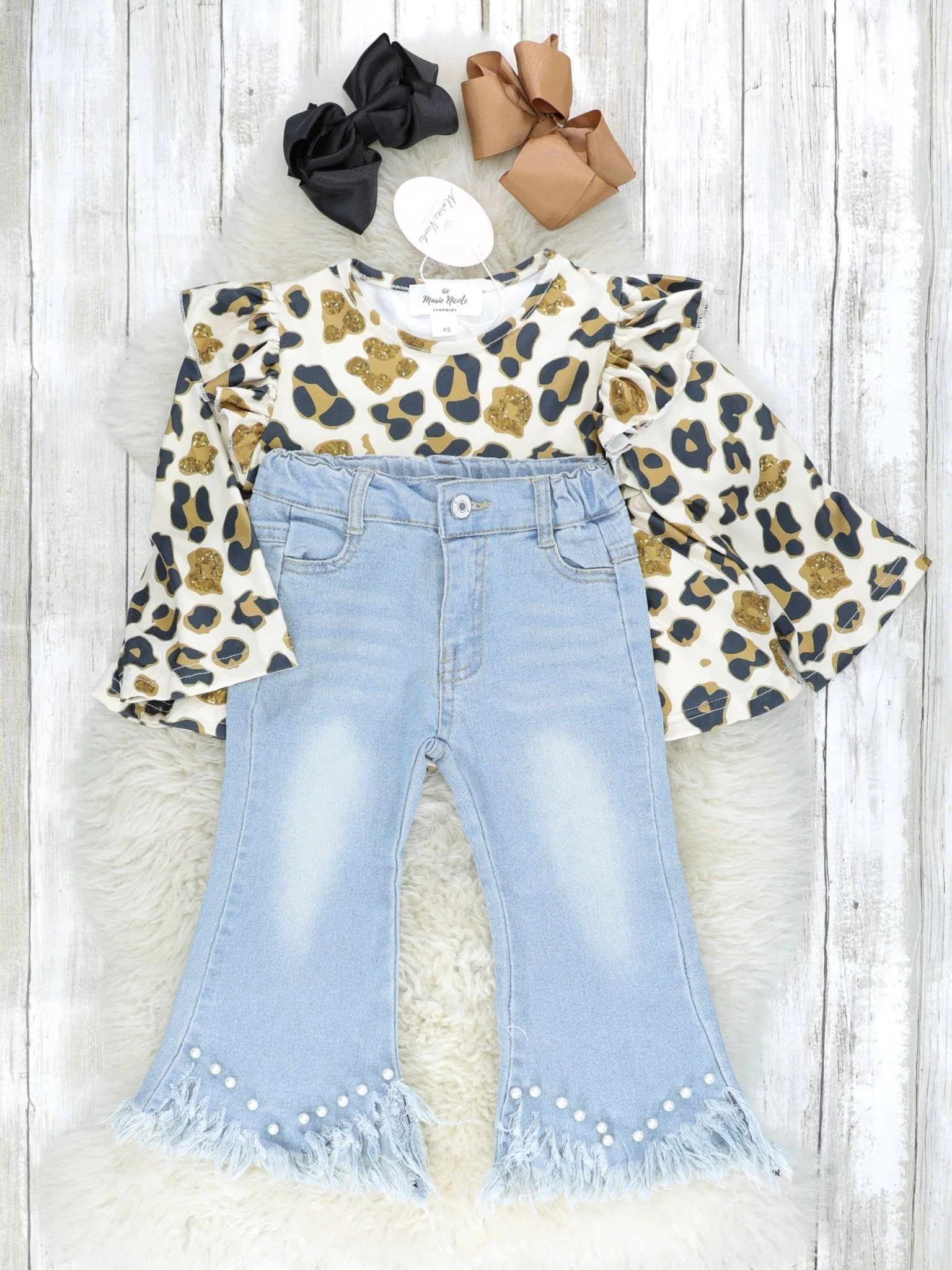 Cream Leopard Ruffle Top & Denim Bell Bottoms Outfit - Image 2