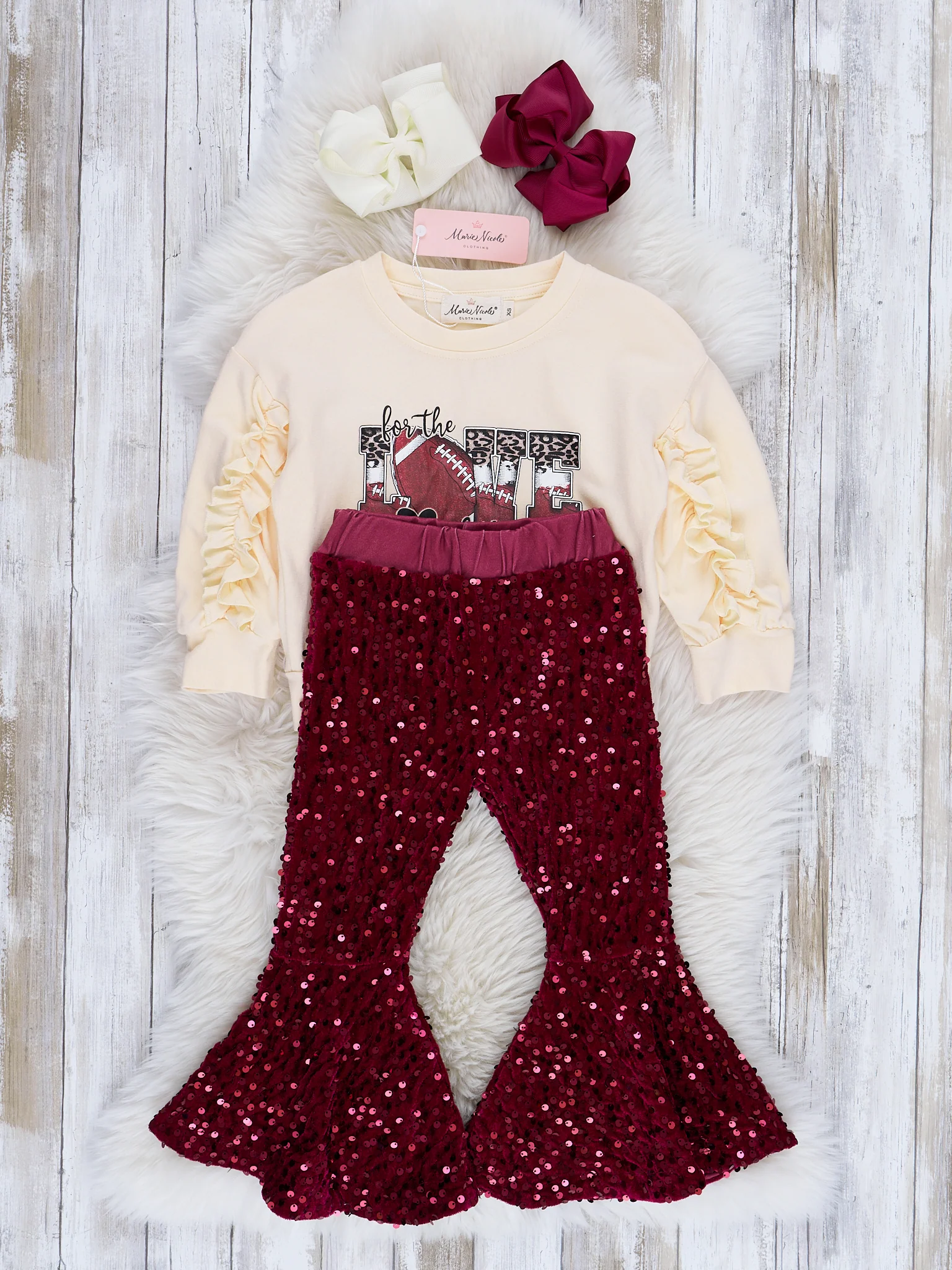 Cream & Maroon Sequin Football Love Bell Bottom Outfit - Image 3