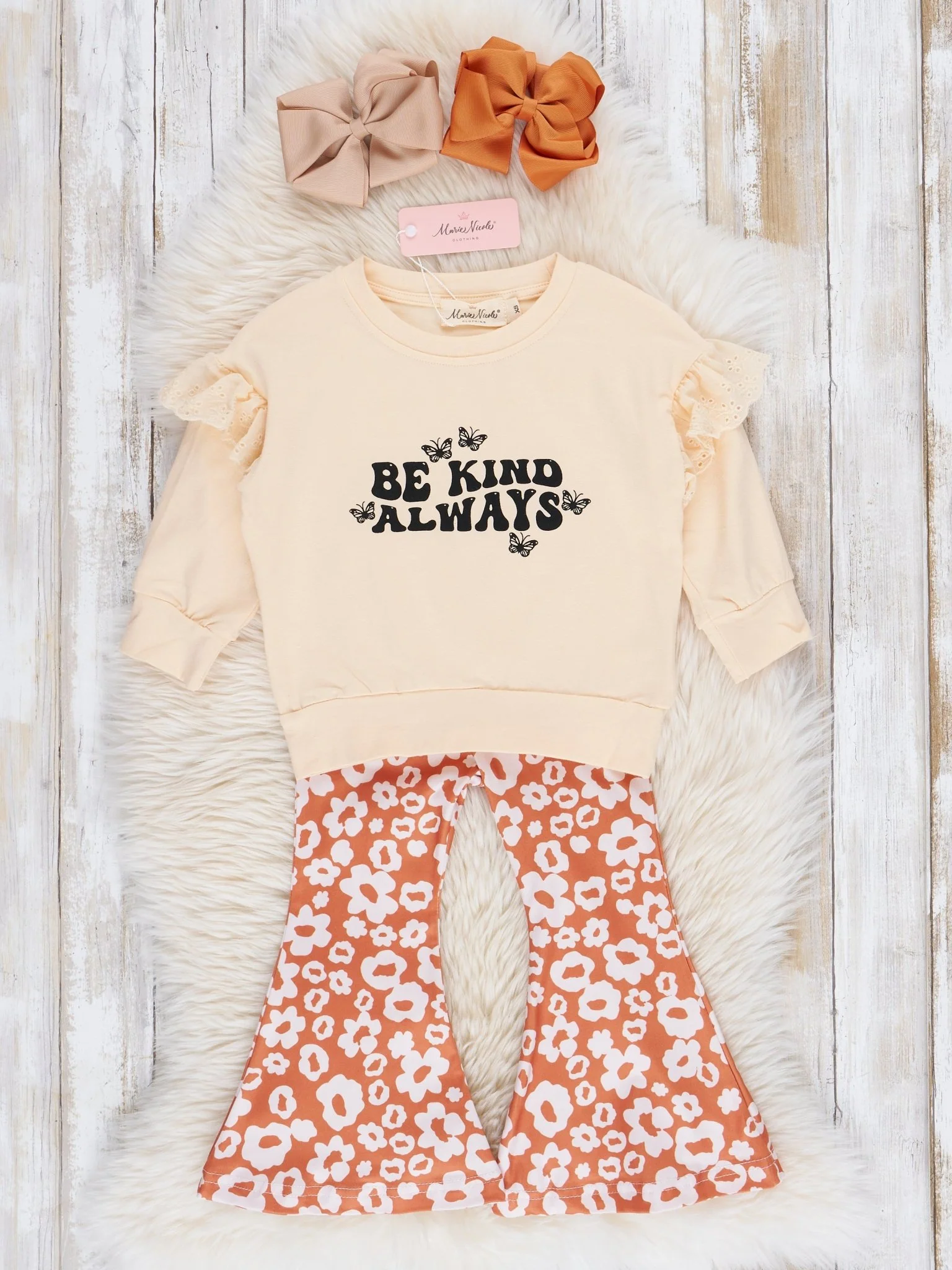 Cream & Orange Kind Daisies Bell Bottoms Outfit
