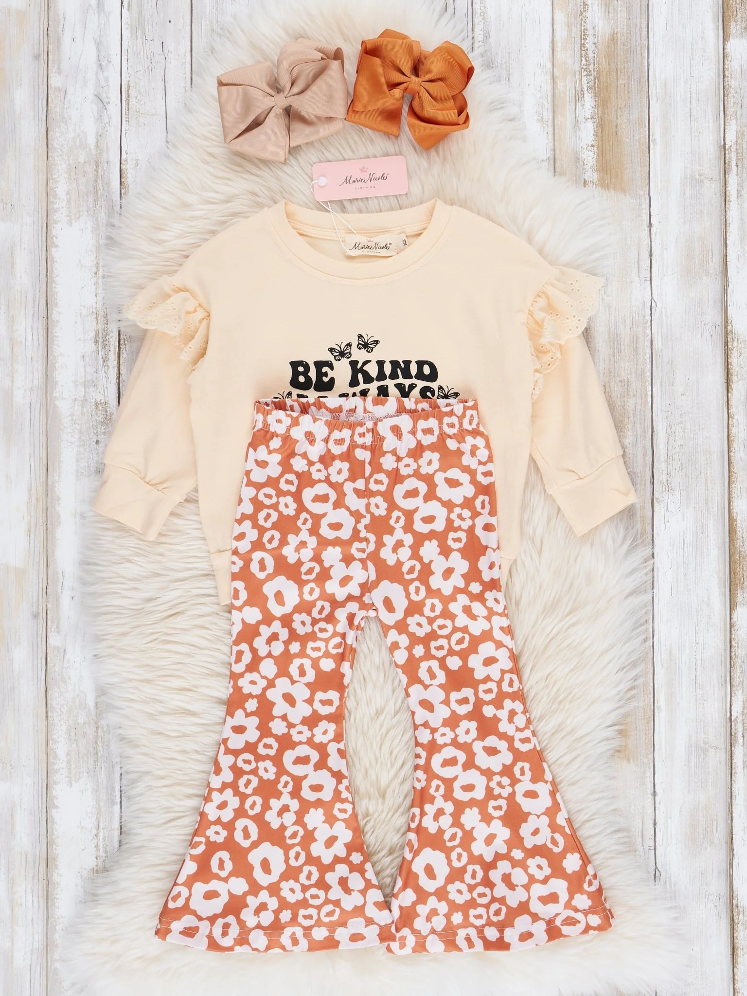 Cream & Orange Kind Daisies Bell Bottoms Outfit - Image 2