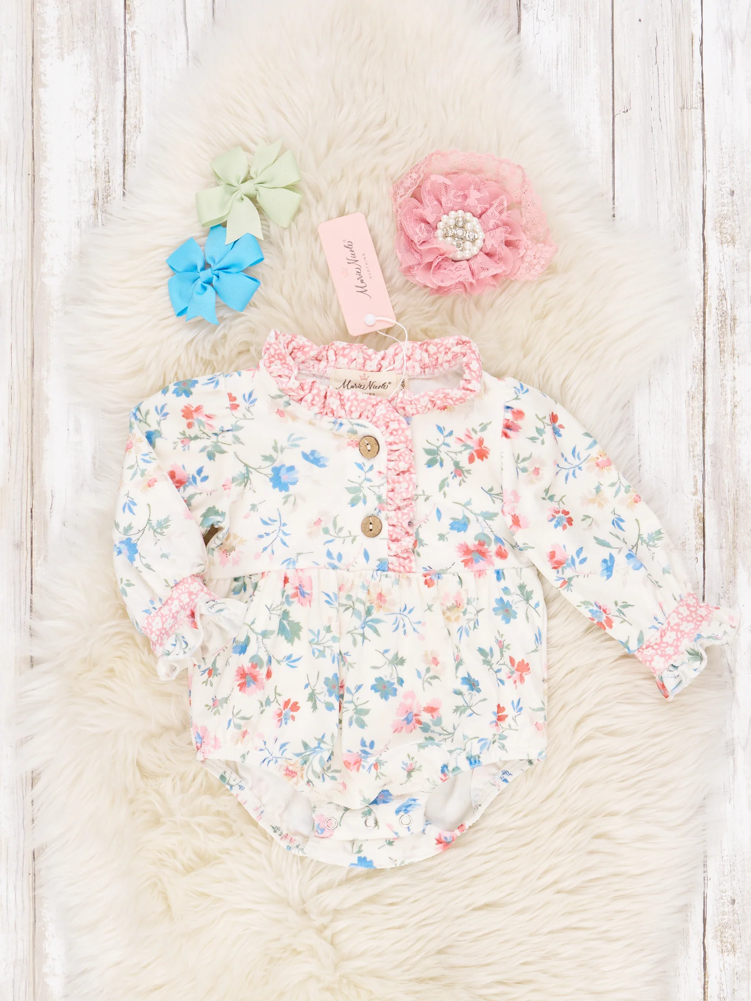 Cream & Pink Velvet Floral Ruffle Bubble Romper