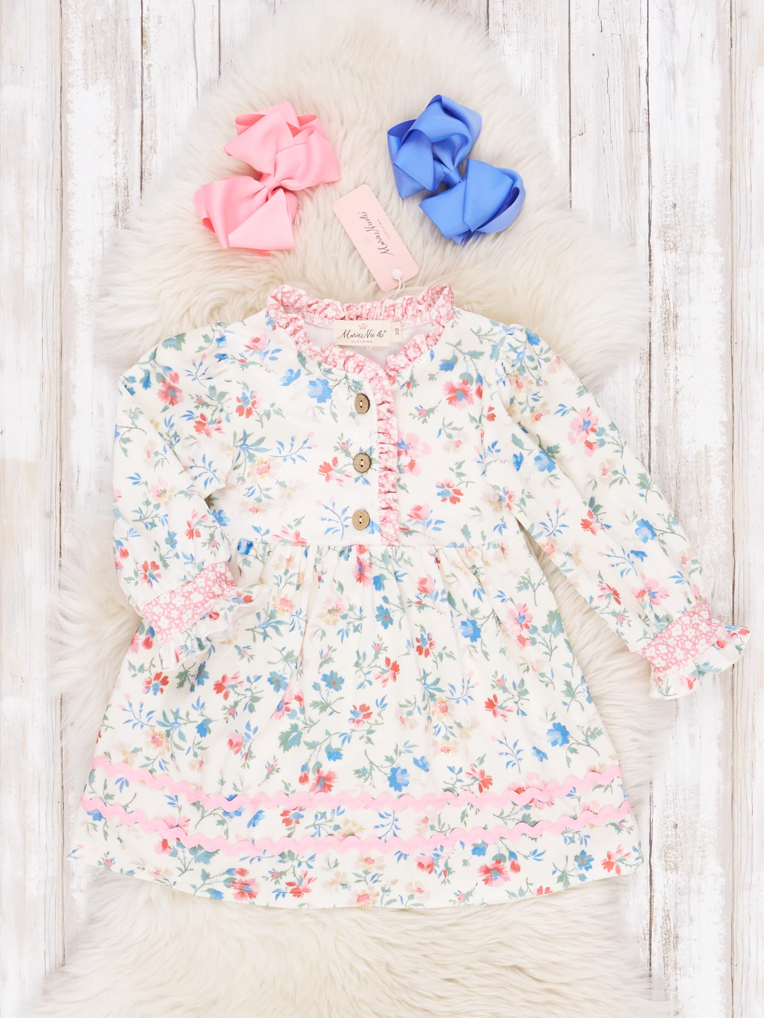 Cream & Pink Velvet Floral Ruffle Dress - Image 2
