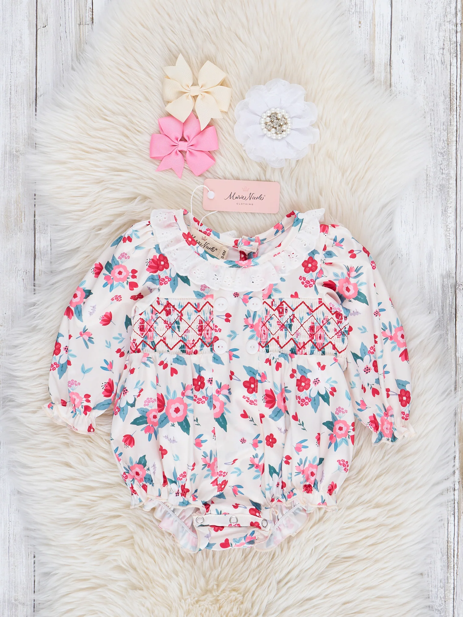 Cream Poinsettia Love Smocked Bubble Romper
