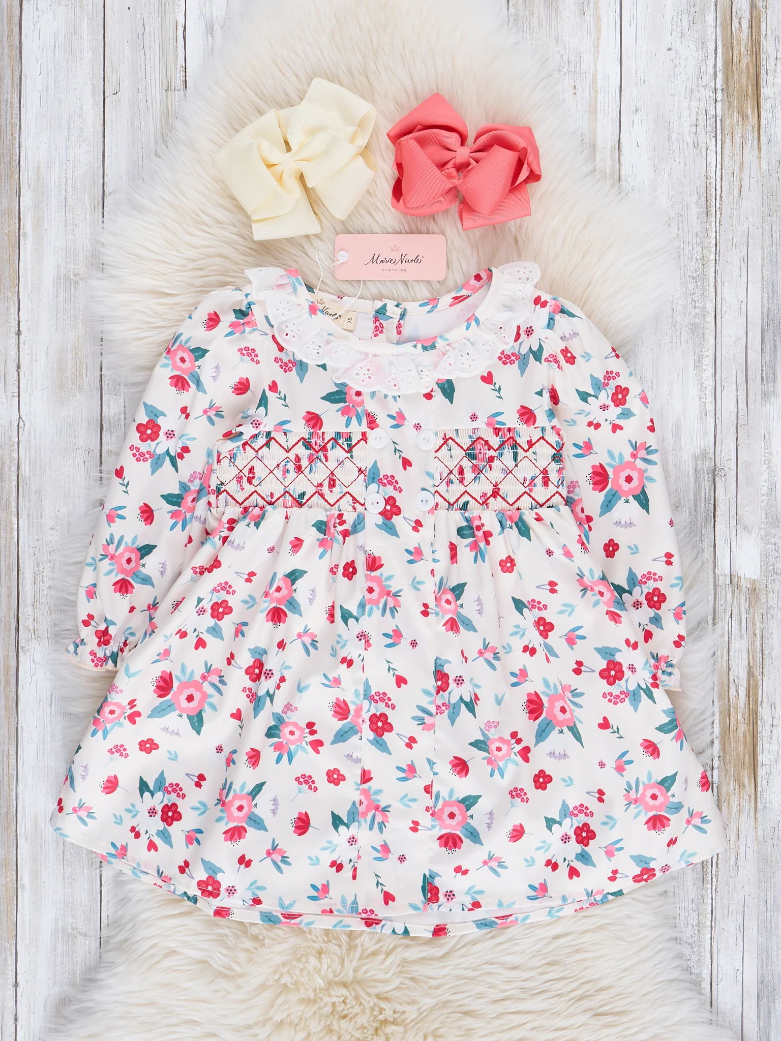 Cream Poinsettia Love Smocked Dress