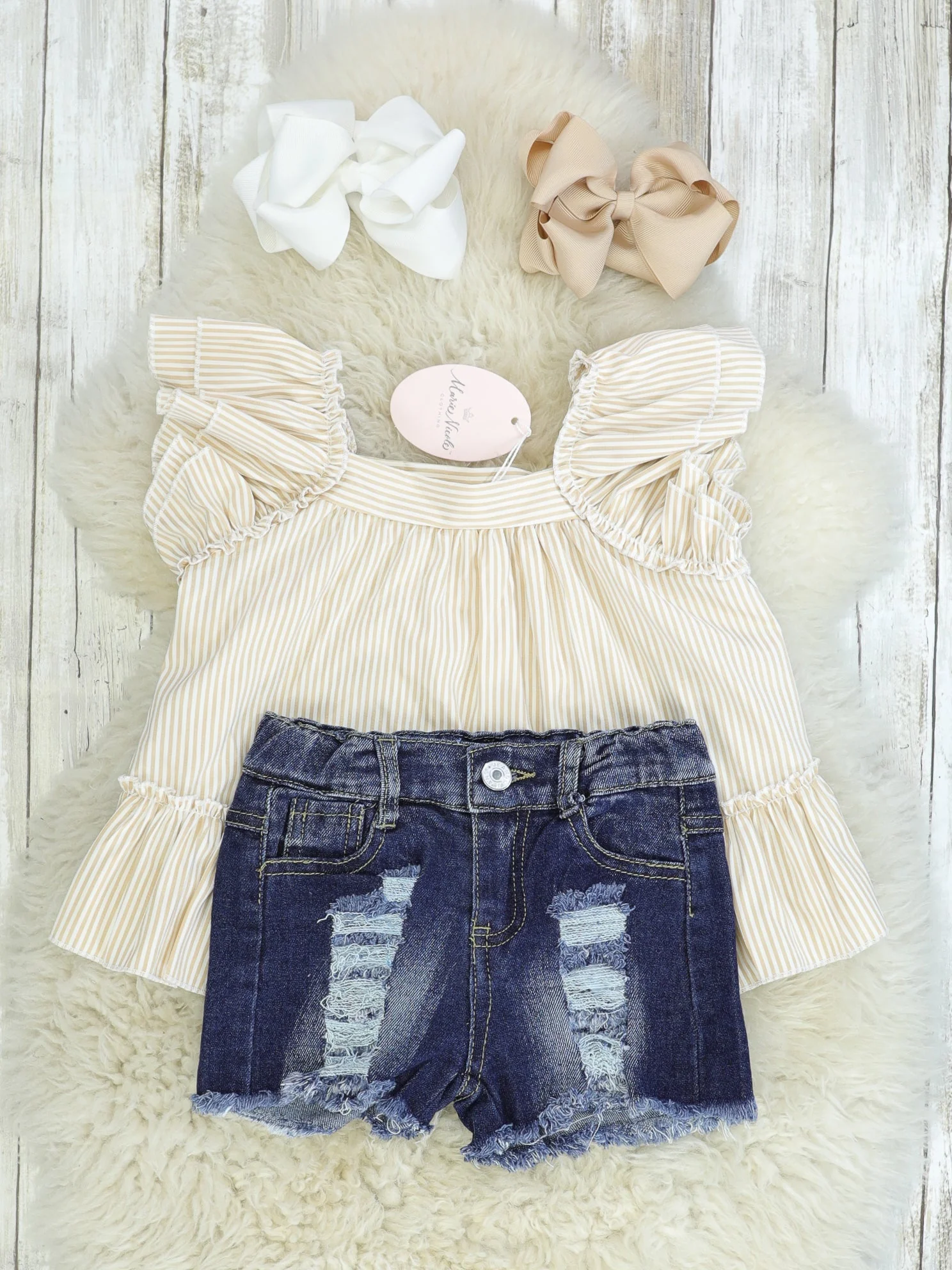 Cream Ruffle Top & Distressed Denim Outfit - Image 2
