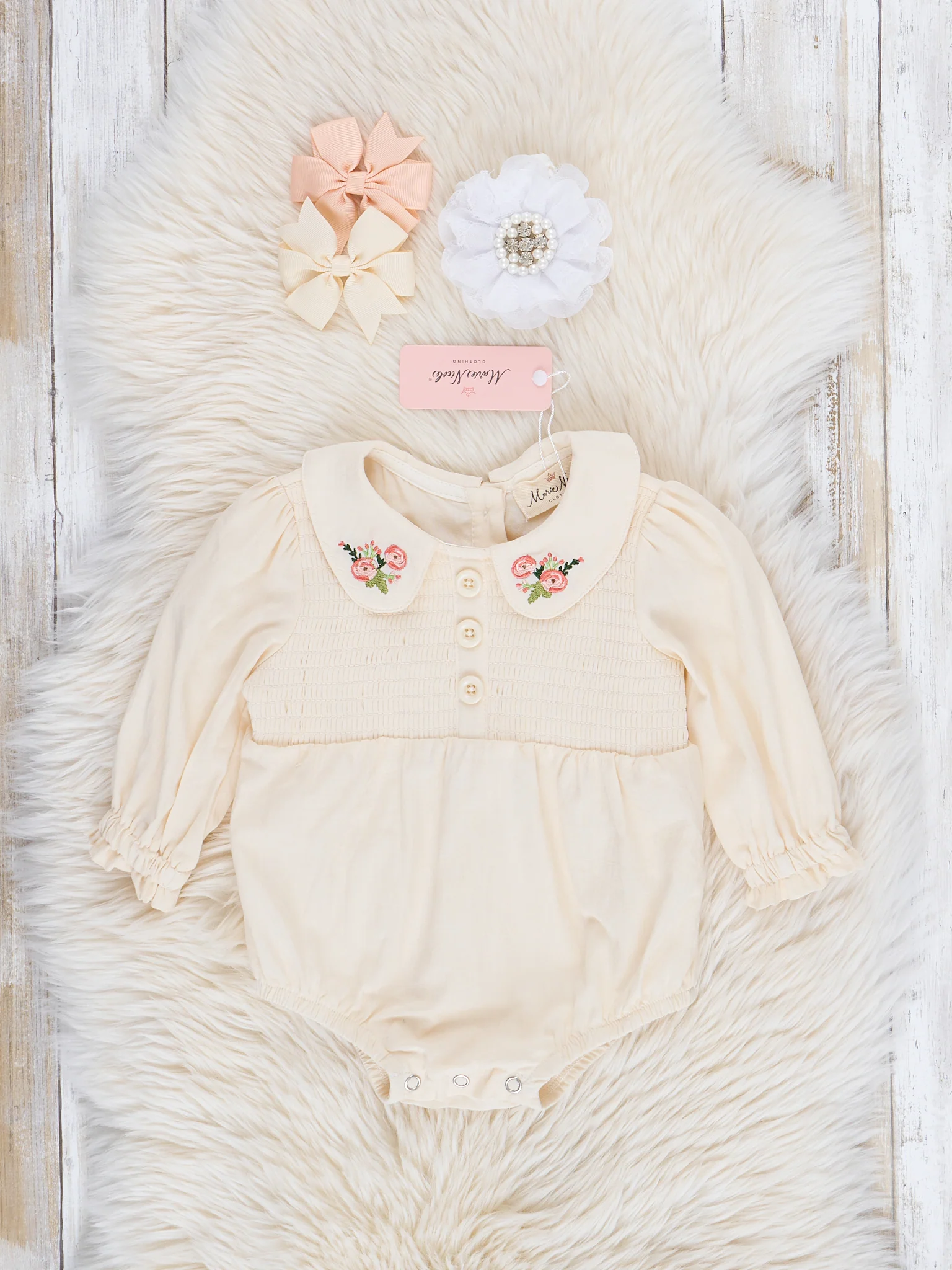 Cream Smocked Embroidered Blooms Bubble Romper