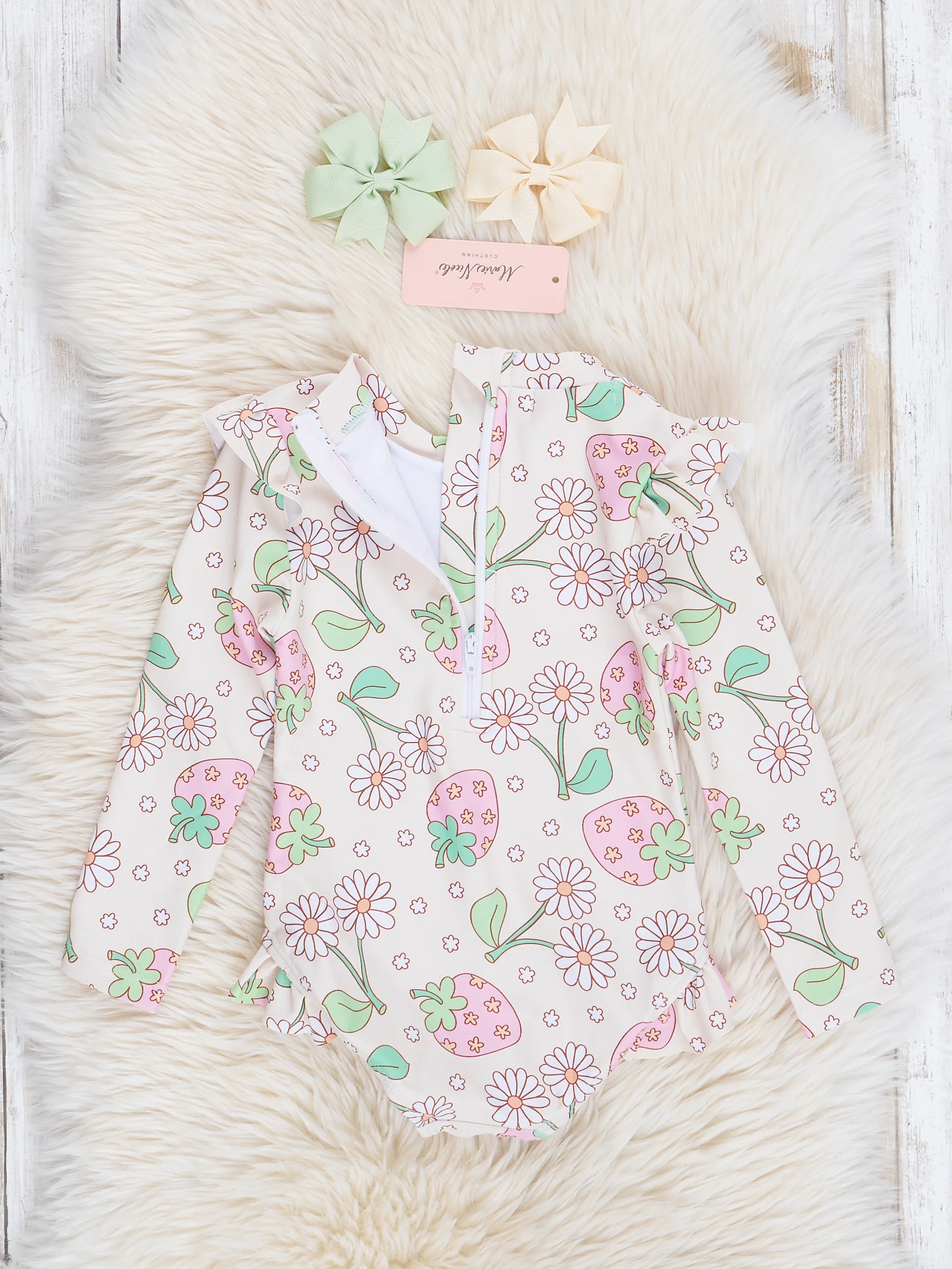 Cream Stawberries & Daisies Ruffle Swimsuit - Image 2