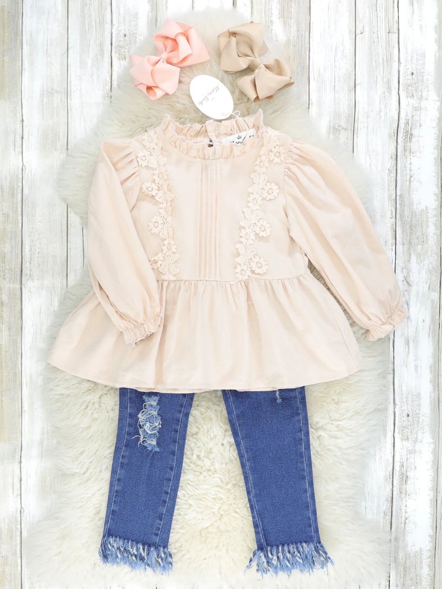 Cream Vintage Mock Neck Top & Distressed Denim Outfit