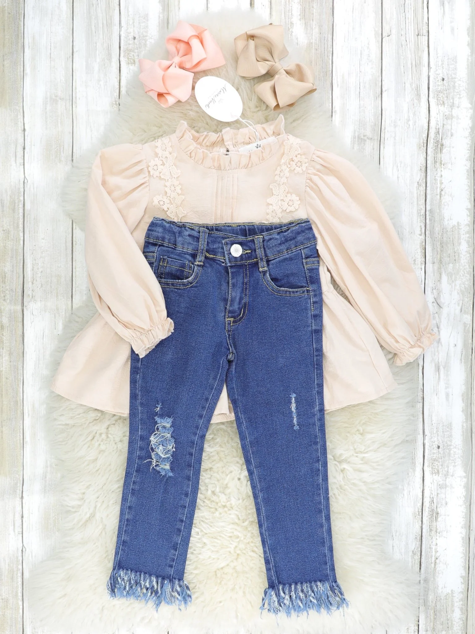 Cream Vintage Mock Neck Top & Distressed Denim Outfit - Image 2