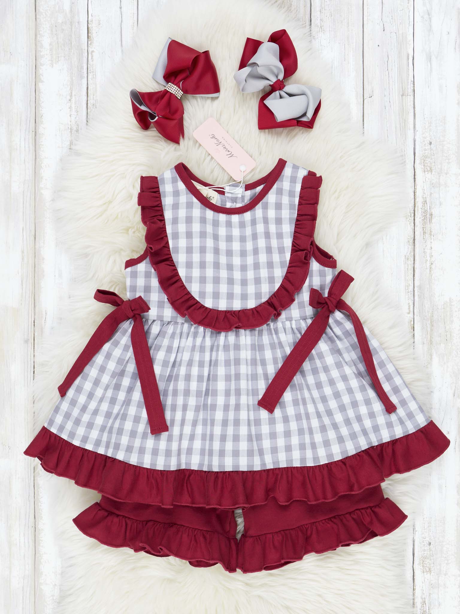 Crimson & Grey Gingham Ruffle Outfit