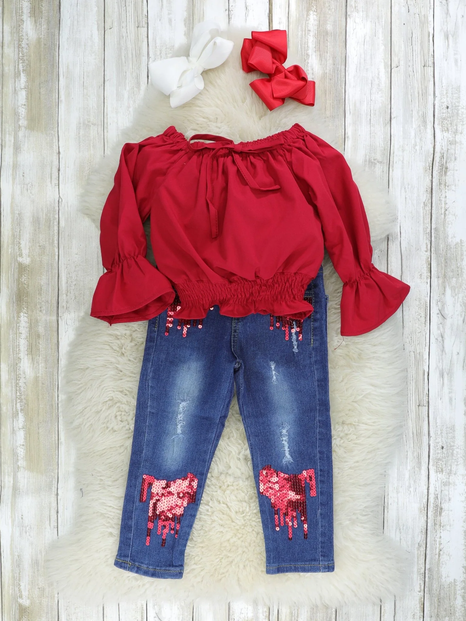 Crimson Denim Sequin Outfit