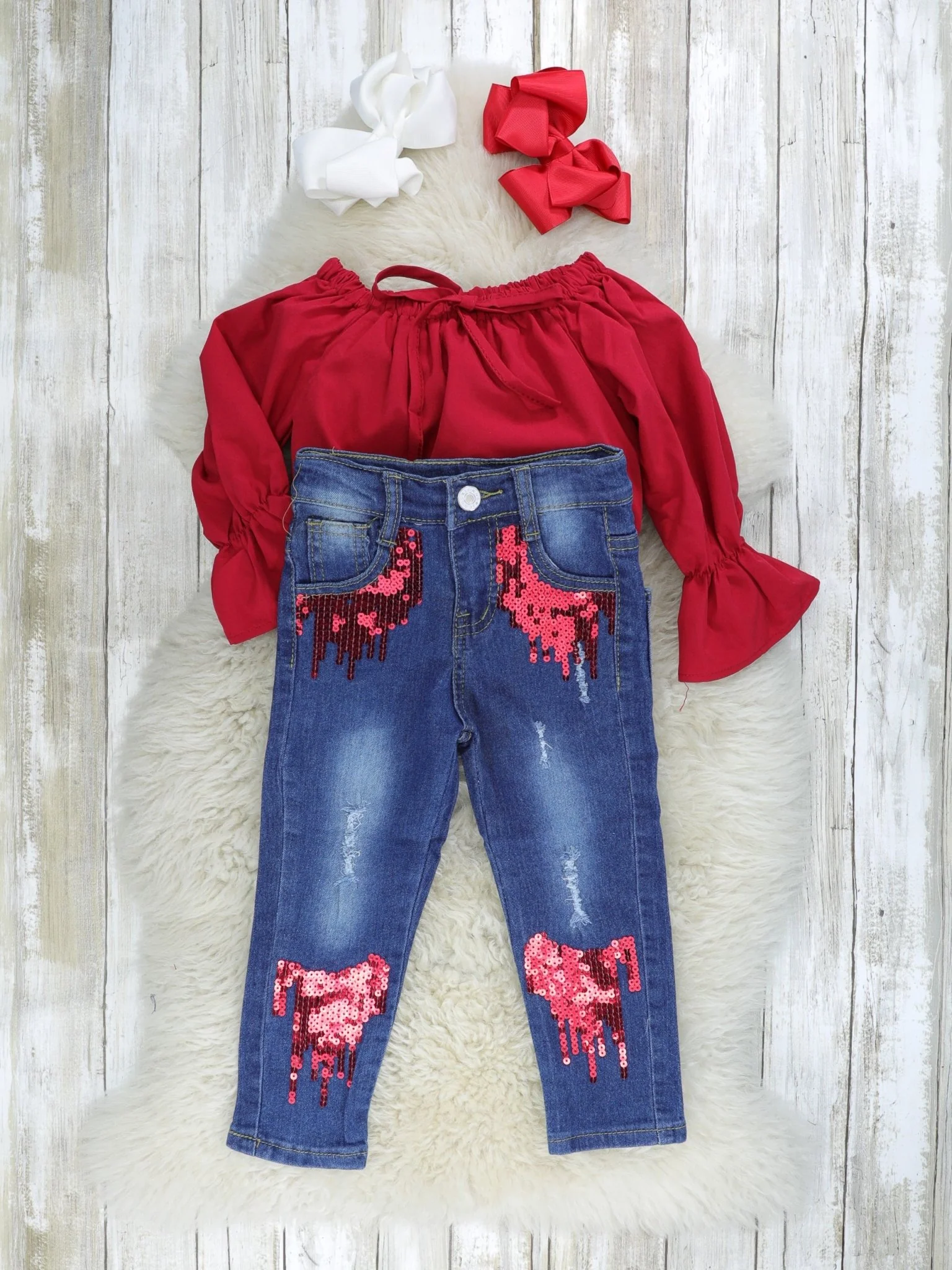 Crimson Denim Sequin Outfit - Image 2