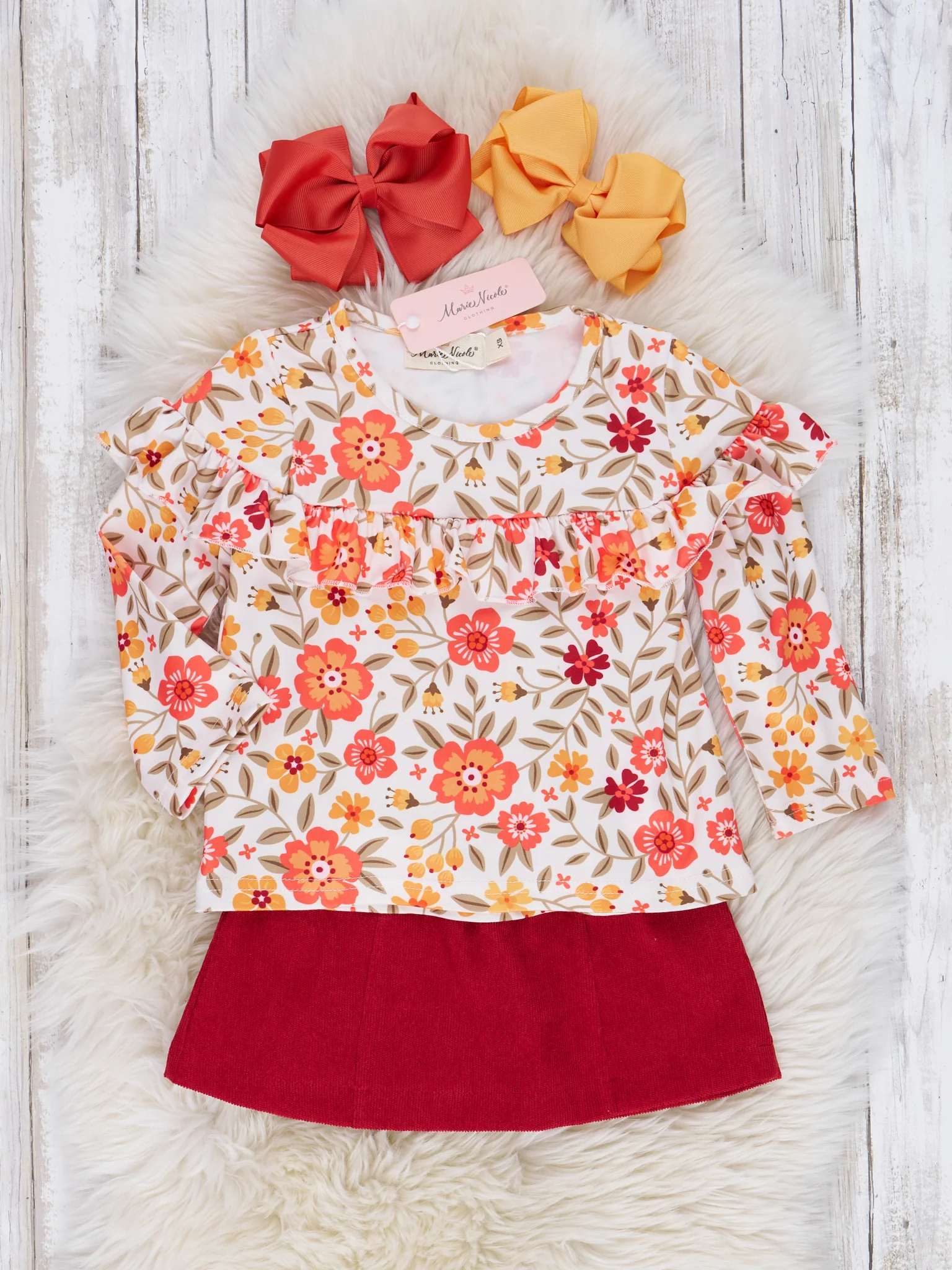 Crimson Floral Suede Skirt Ruffle Outfit
