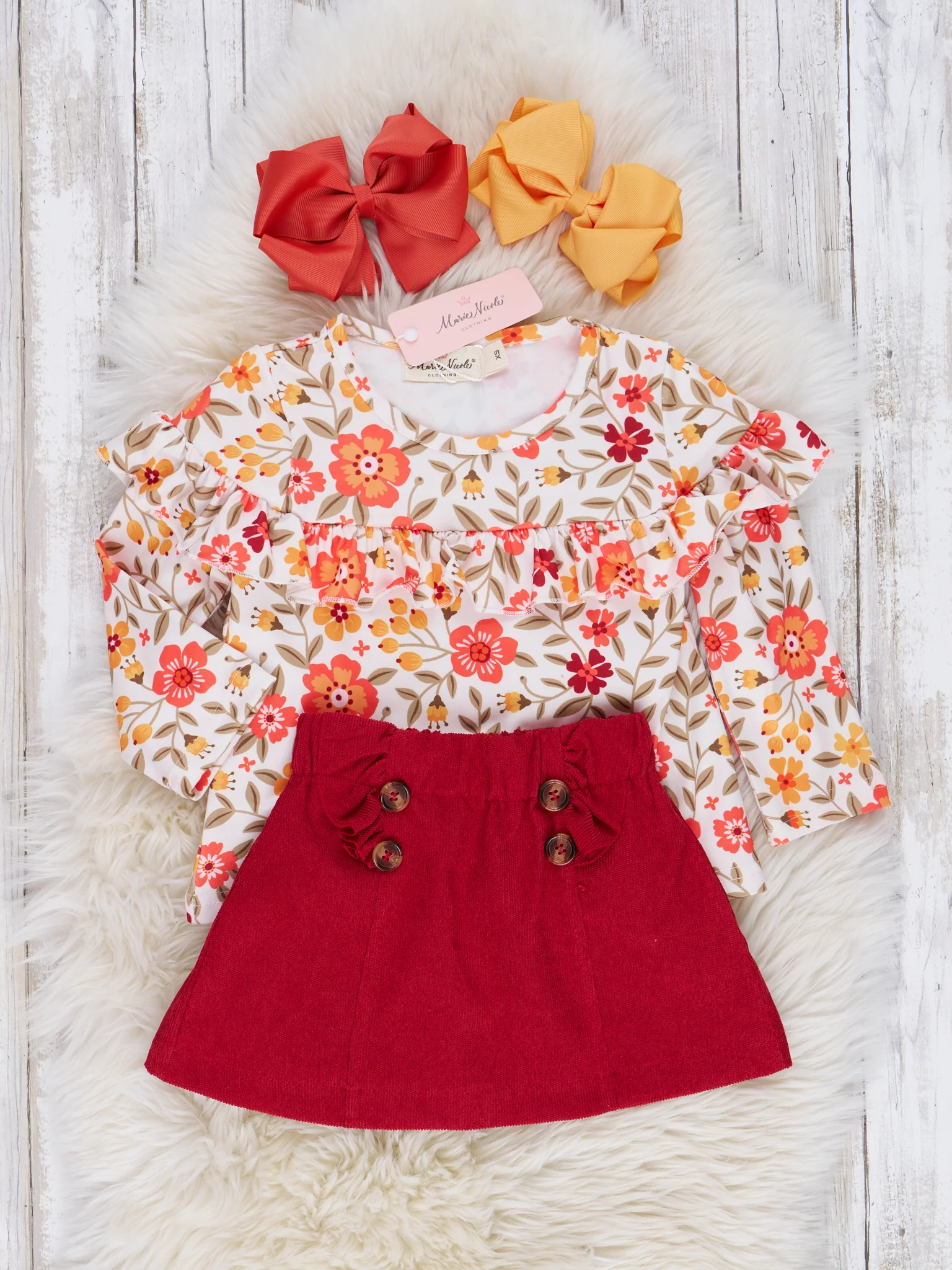 Crimson Floral Suede Skirt Ruffle Outfit - Image 2