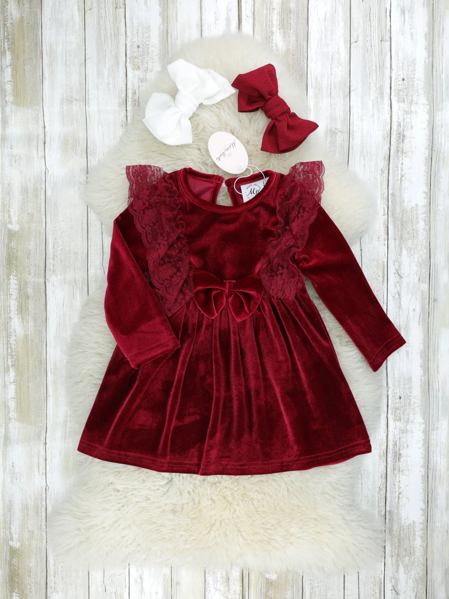Crimson Velvet Bow Lace Dress - Image 2