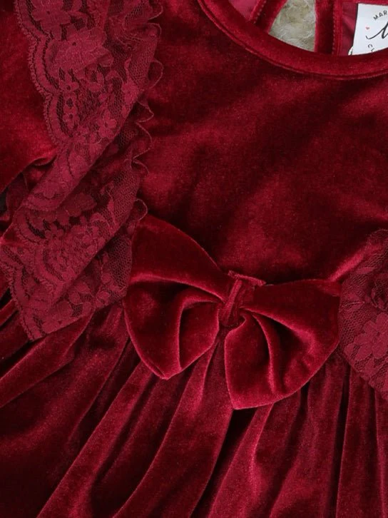 Crimson Velvet Bow Lace Dress - Image 3