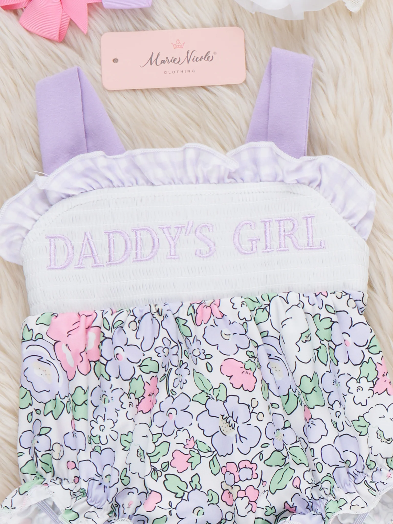 DADDY'S GIRL Petal Hem Smocked Ruffle Bubble Romper - Image 3