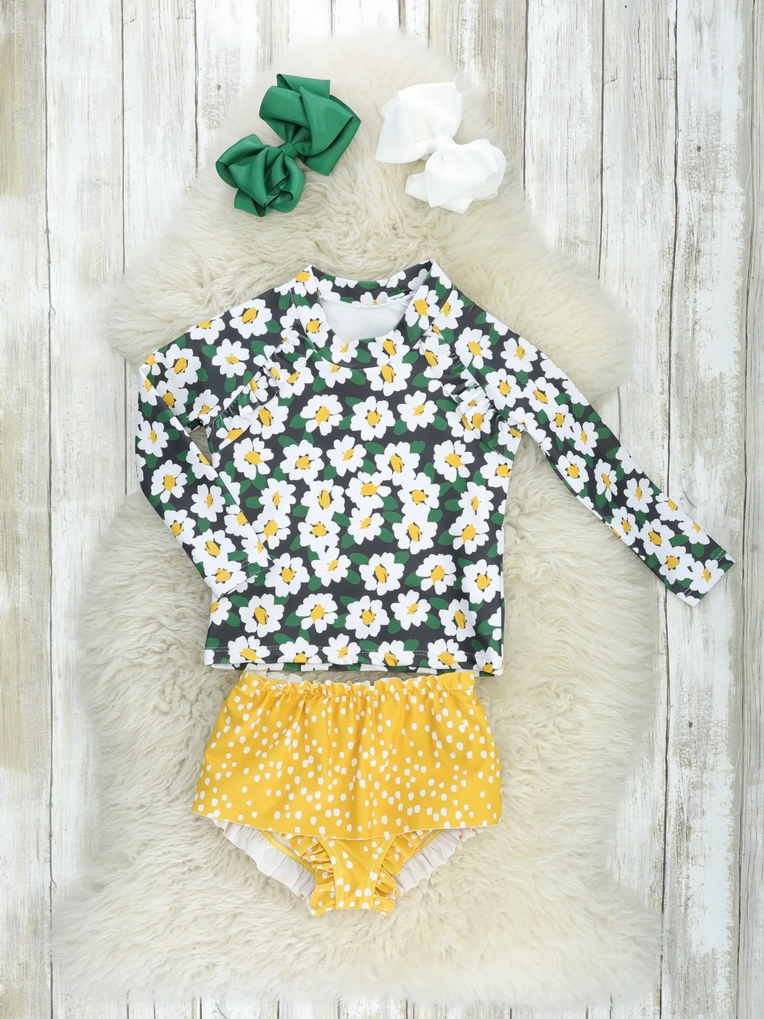 Daisy Rash Guard & Mustard Ruffle Bottoms Swim Set