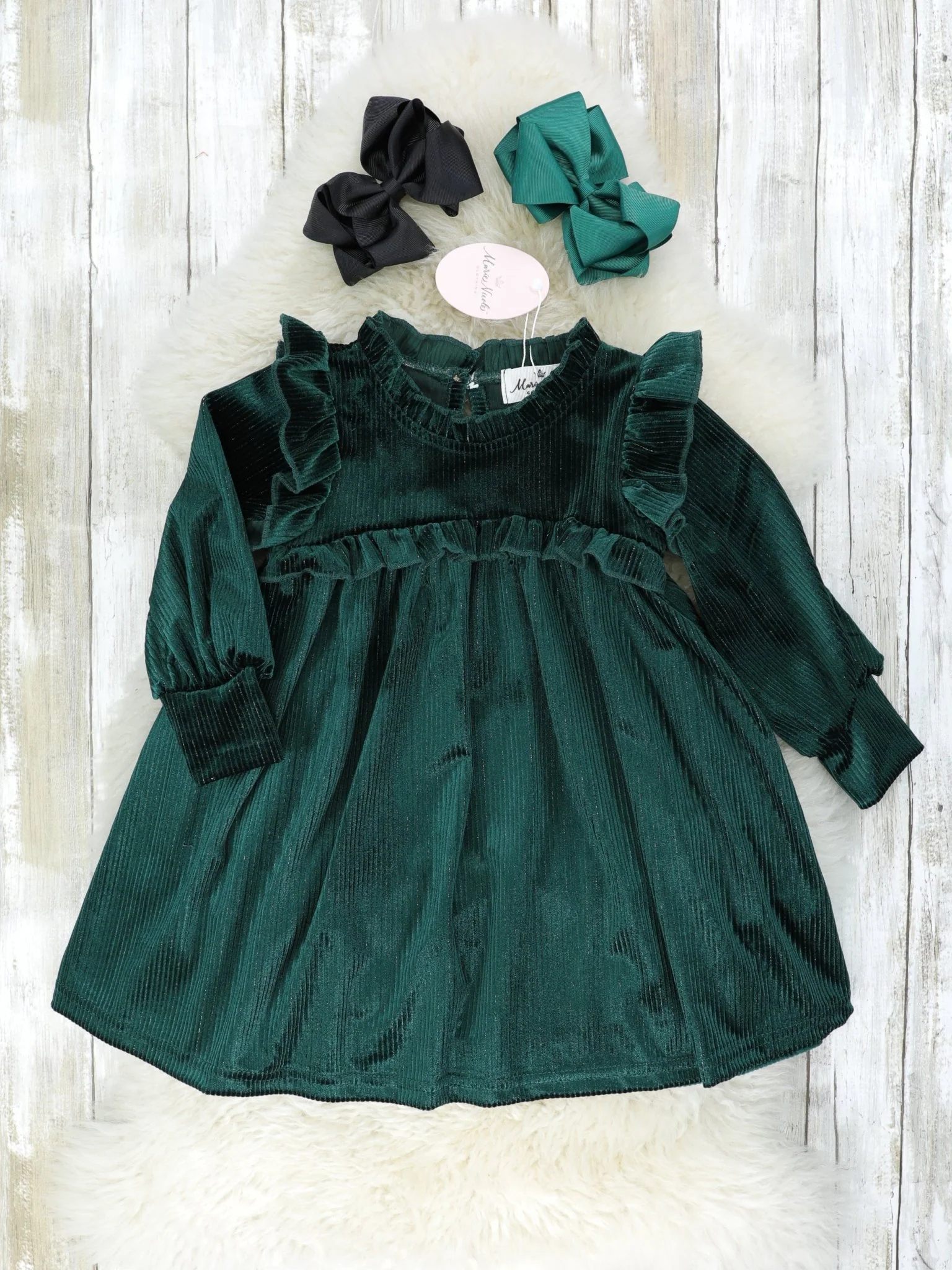 Ribbed Dark Green Velvet Ruffle Dress