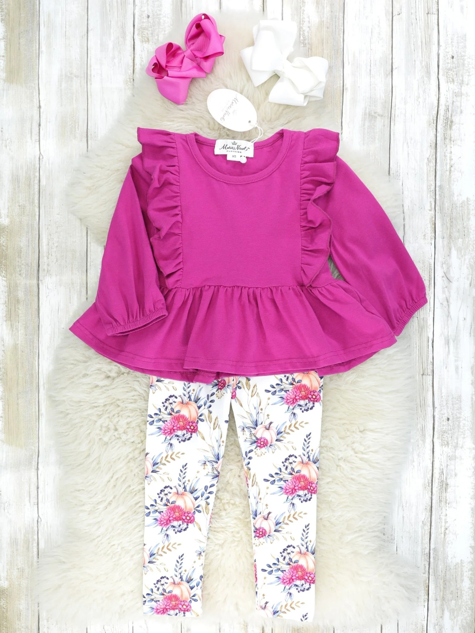 Dark Magenta Floral Pumpkin Ruffle Outfit