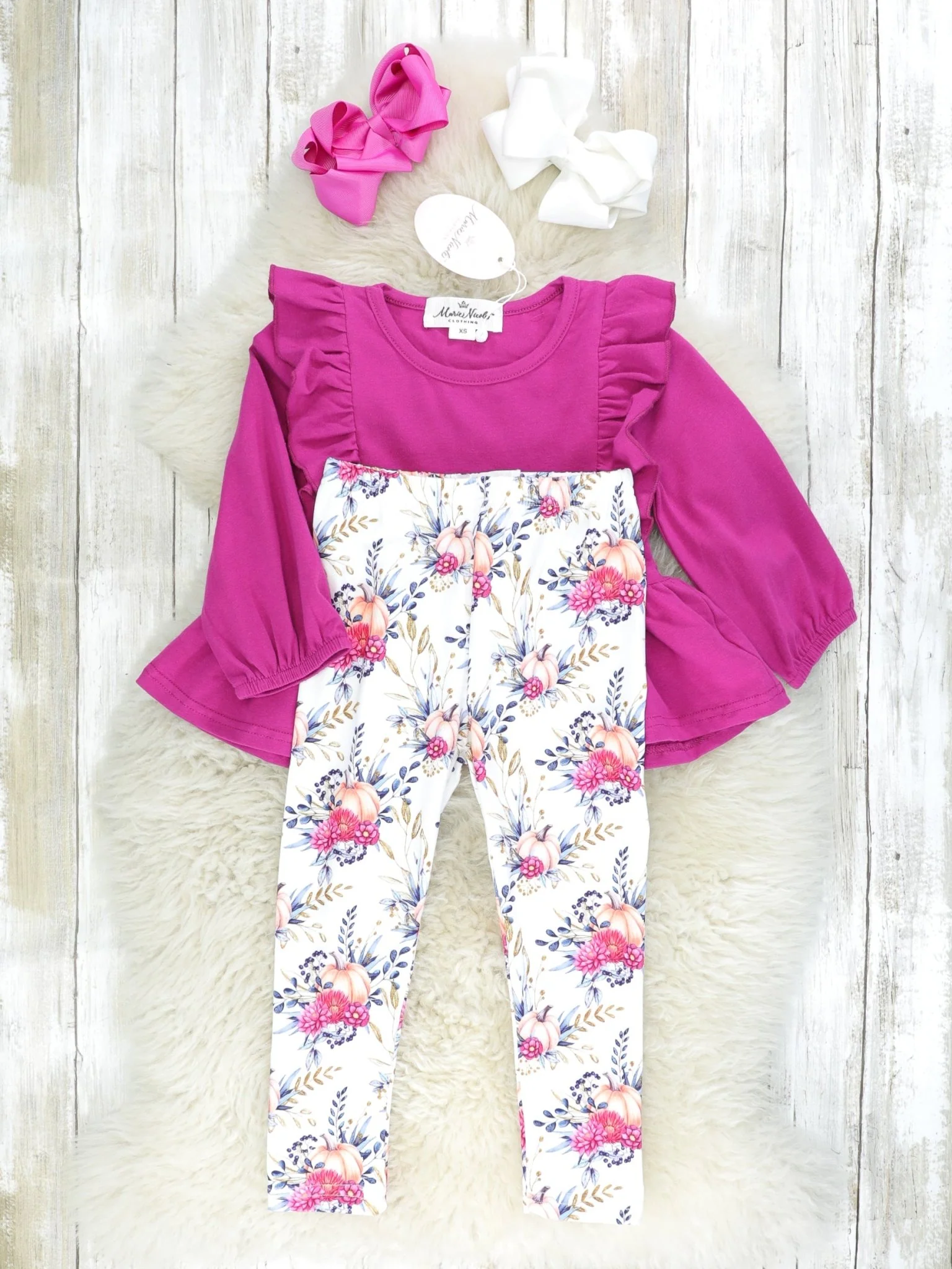 Dark Magenta Floral Pumpkin Ruffle Outfit - Image 2