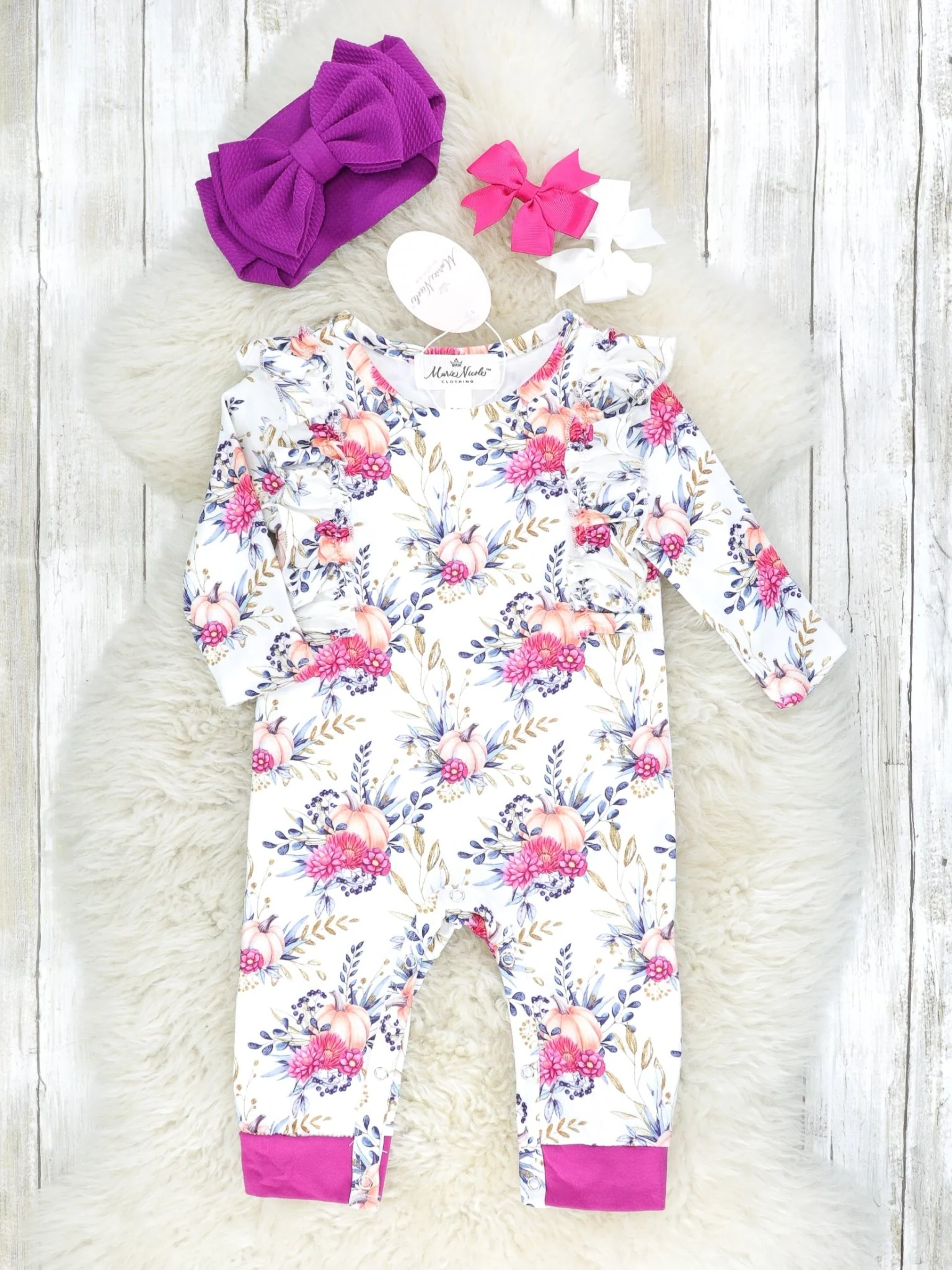 Dark Magenta Floral Pumpkin Ruffle Romper