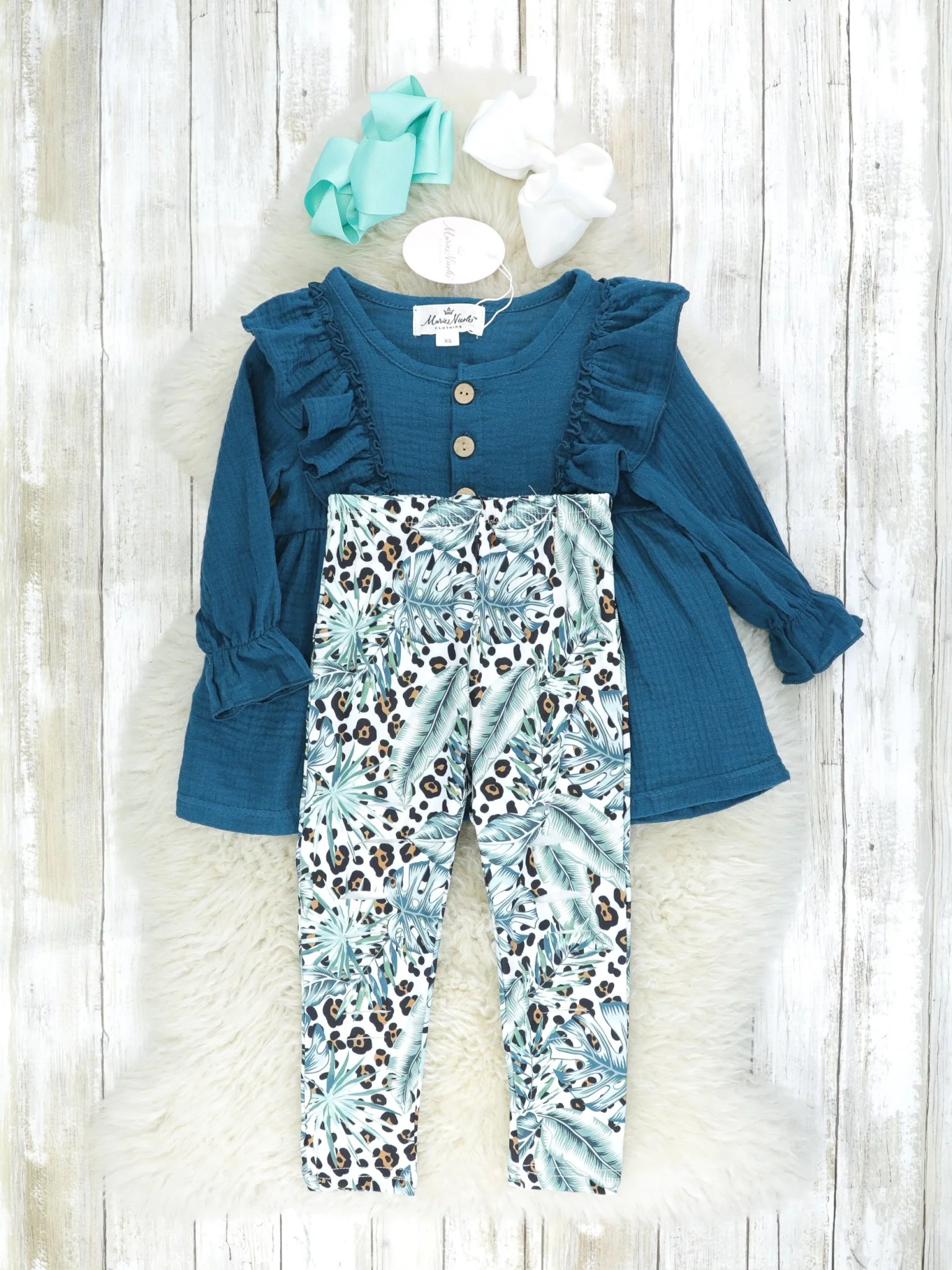 Dark Teal Ruffle Tunic & Leopard Print Bottoms Outfit - Image 2