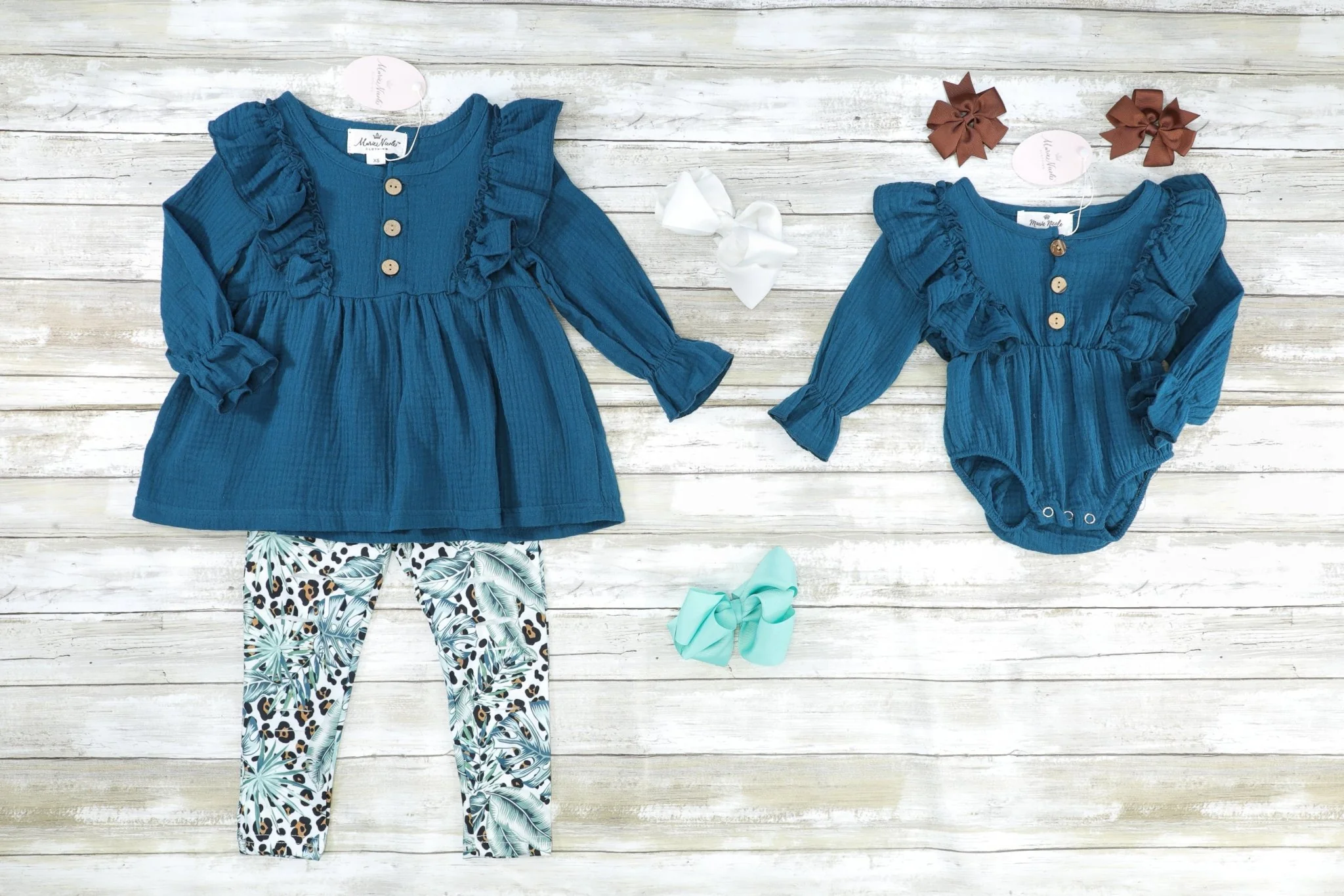 Dark Teal Ruffle Tunic & Leopard Print Bottoms Outfit - Image 3