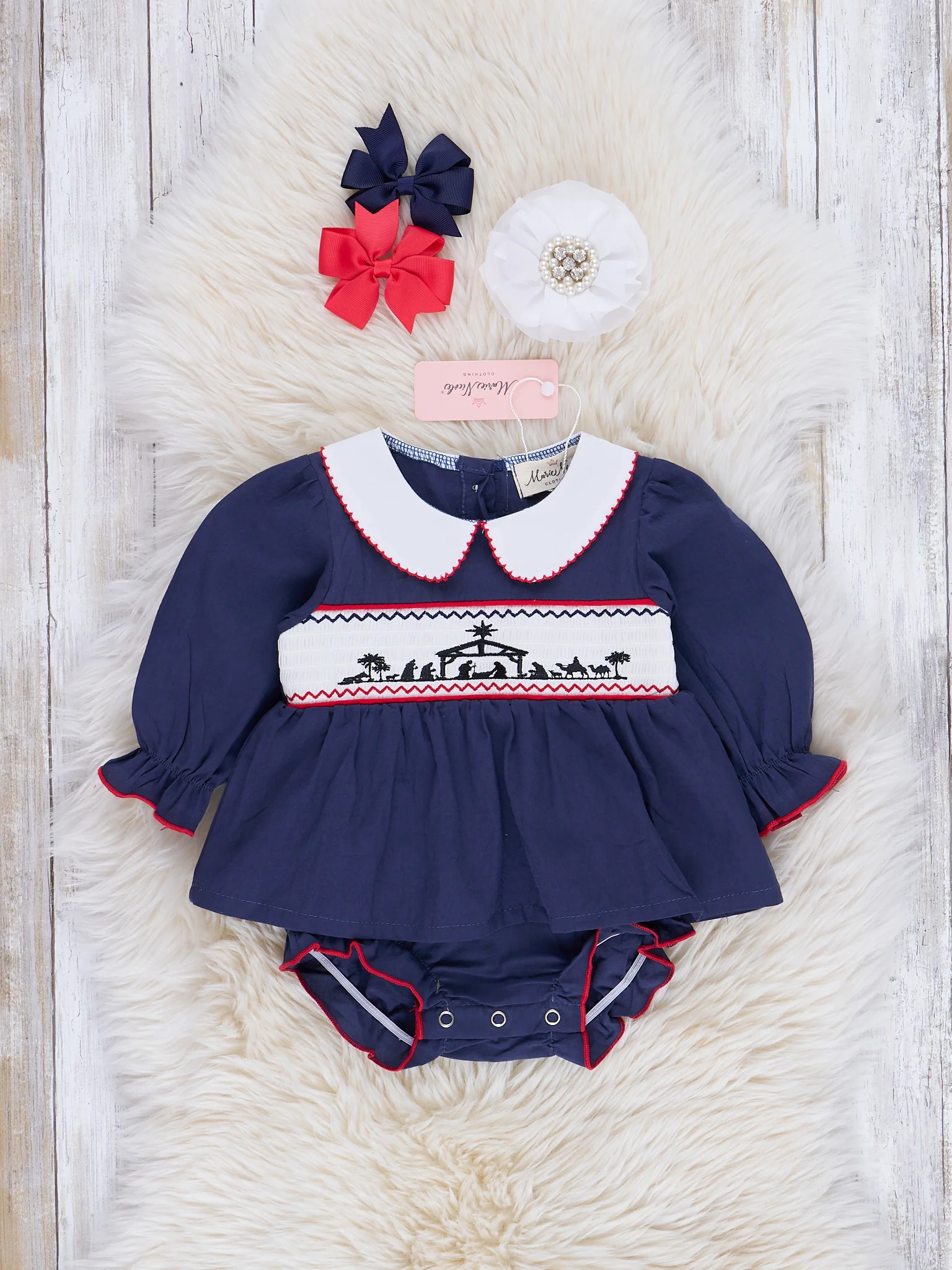 Deep Blue Smocked Nativity Romper - Image 2